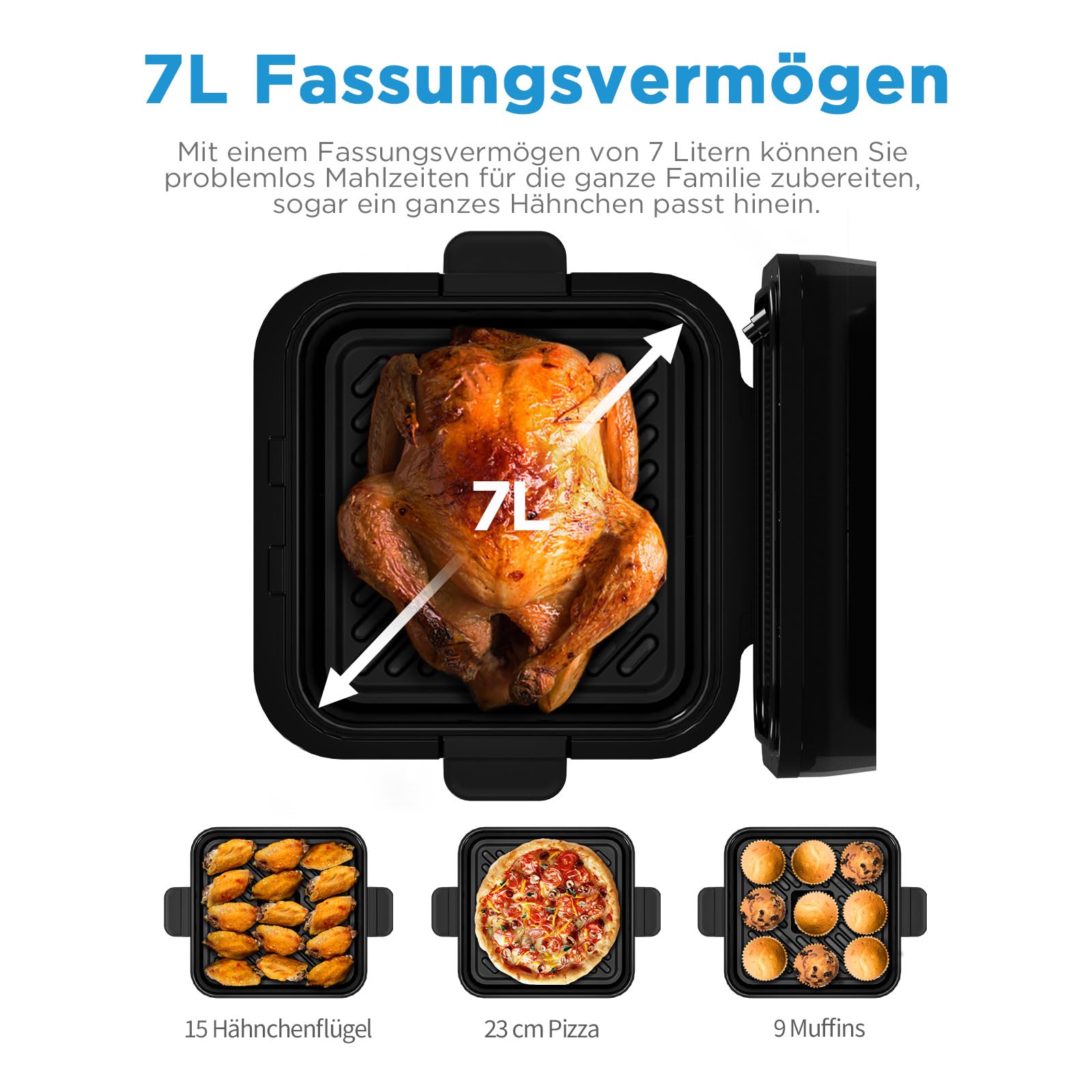 Midea DualTaste Heißluftfritteuse 7L,Airfryer xxl mit Sichtfenster,Modi saftige & knusprige,8 Programmen,Backen,Grillen,Auftauen,40-200℃,12h-Timer,Spülmaschinenfeste Crisper Platte,1650W,MF-CY75AB
