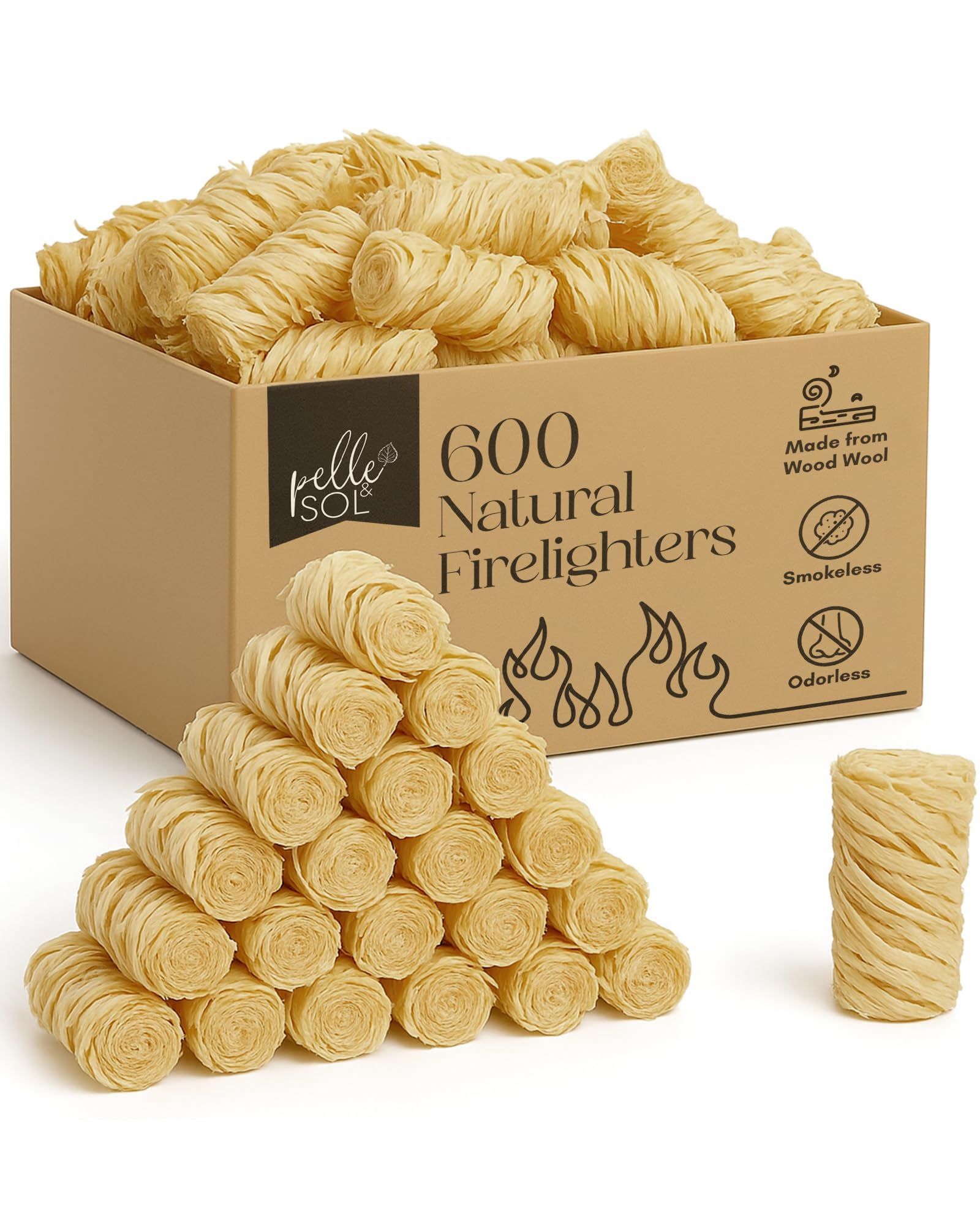 Pelle & Sol 600 Natural Firelighters – Long Burning Fire Lighters for Wood Burners, BBQ Lighter, Pizza Ovens, Open Fires – Quick Light Fire Starter, Log Burner Accessories - Eco Firelighters