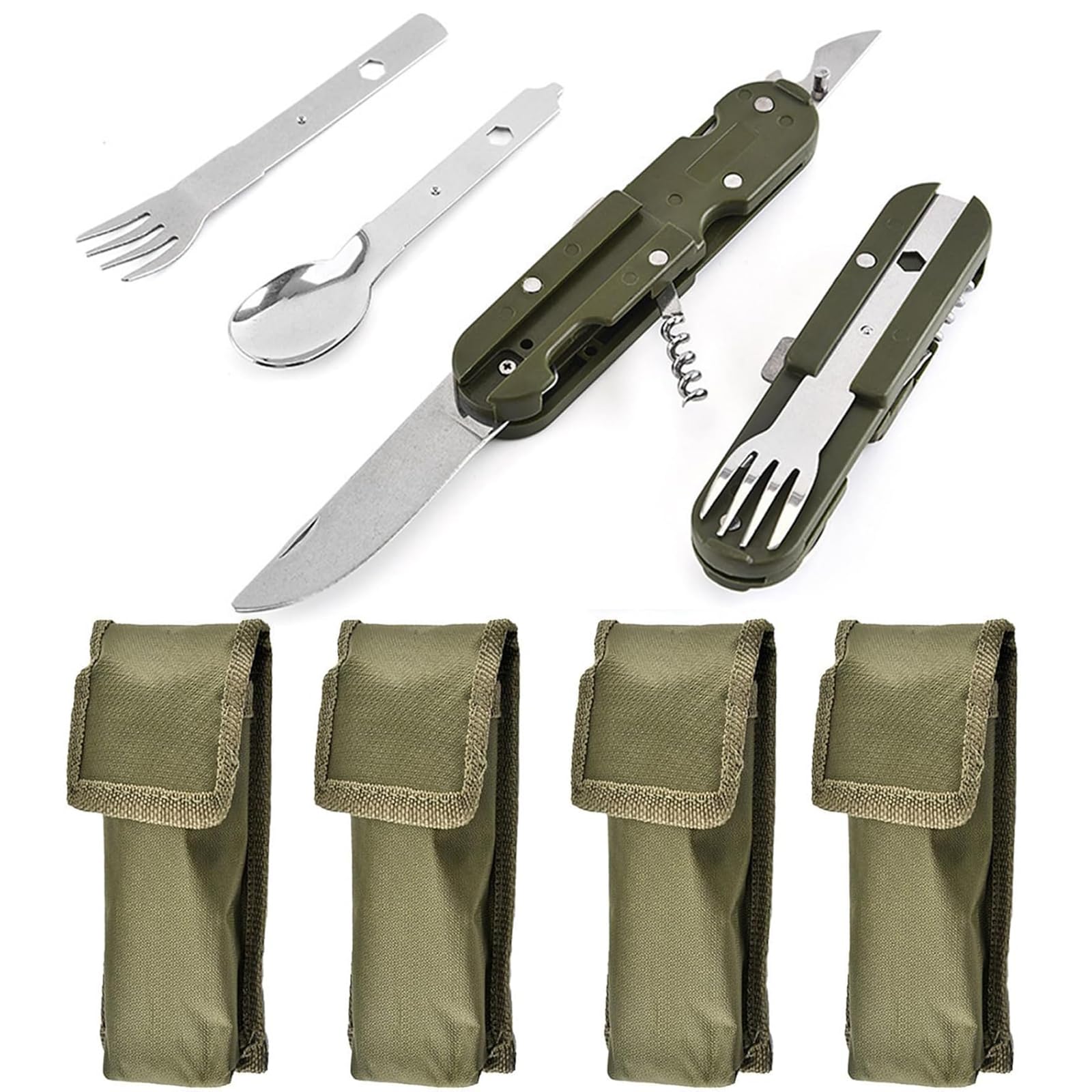 NIYATA 4Pcs Couverts De Camping Pliables, Kit Multifonction 5 En 1 Inox, Couteau Cuillère Fourchette Pour Pique-Niques, Randonnée Et Activités Extérieures