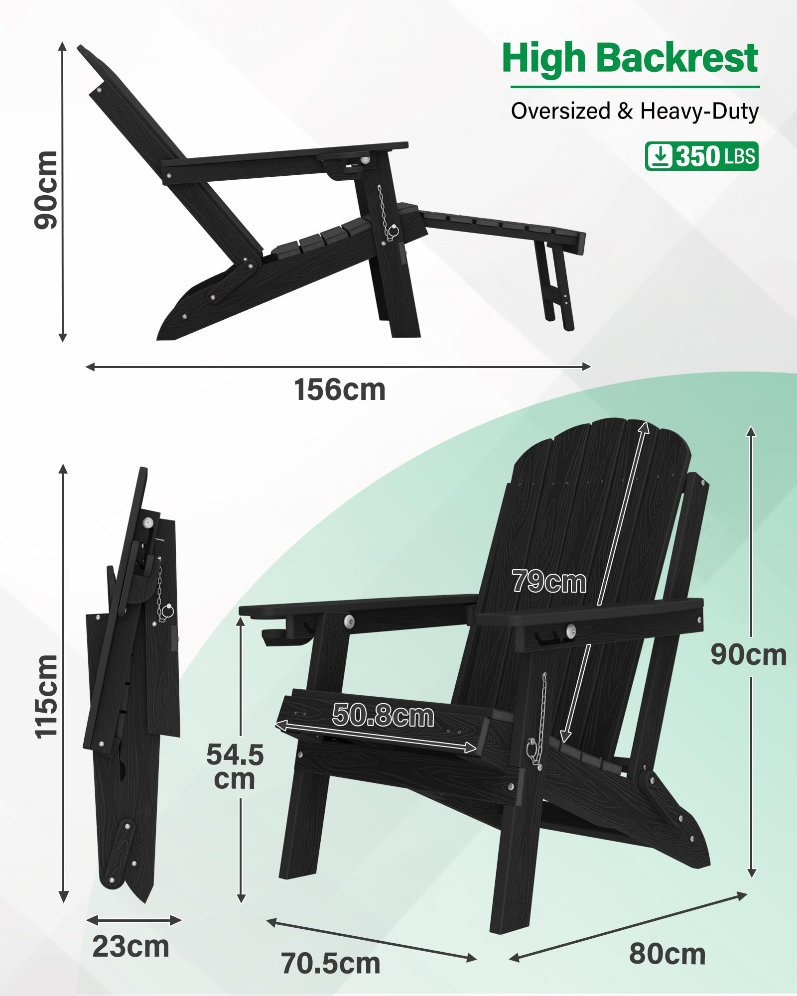 MXIMU Adirondack Stuhl Klappbar für Garten: Adirondack Chair Kunststoff mit Fußstütze & 3-Fach Verstellbarer Rückenlehne - Wetterfest HDPE Outdoor Stuhl für Balkon/Terrasse/Pool/Beach(Schwarz)