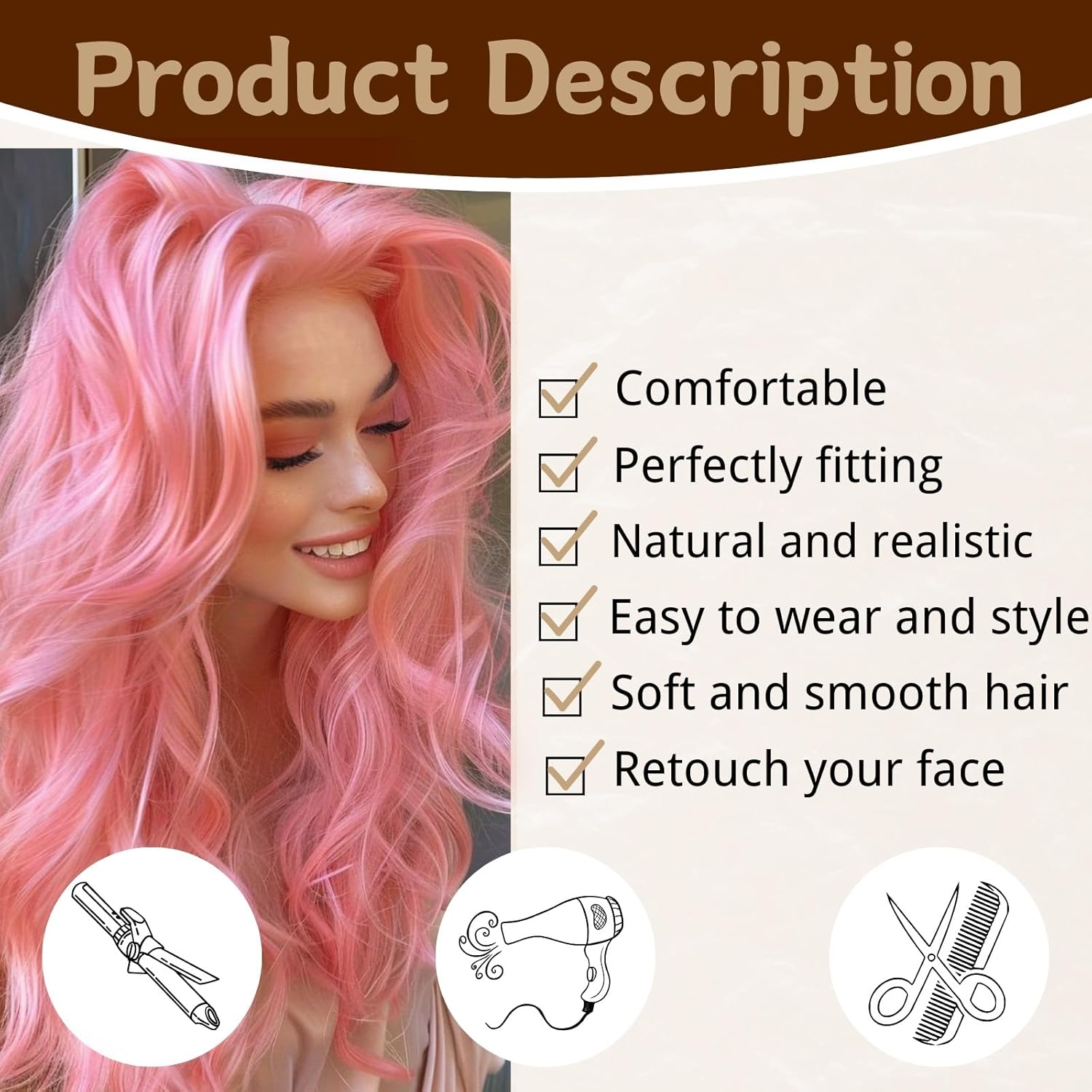 Long Pink Wig for Women 26 Inch Middle Part Wavy Women Charming Hair Realistic Natural Looking Synthetic Heat Resistant Fiber Wig for Daily Party Use