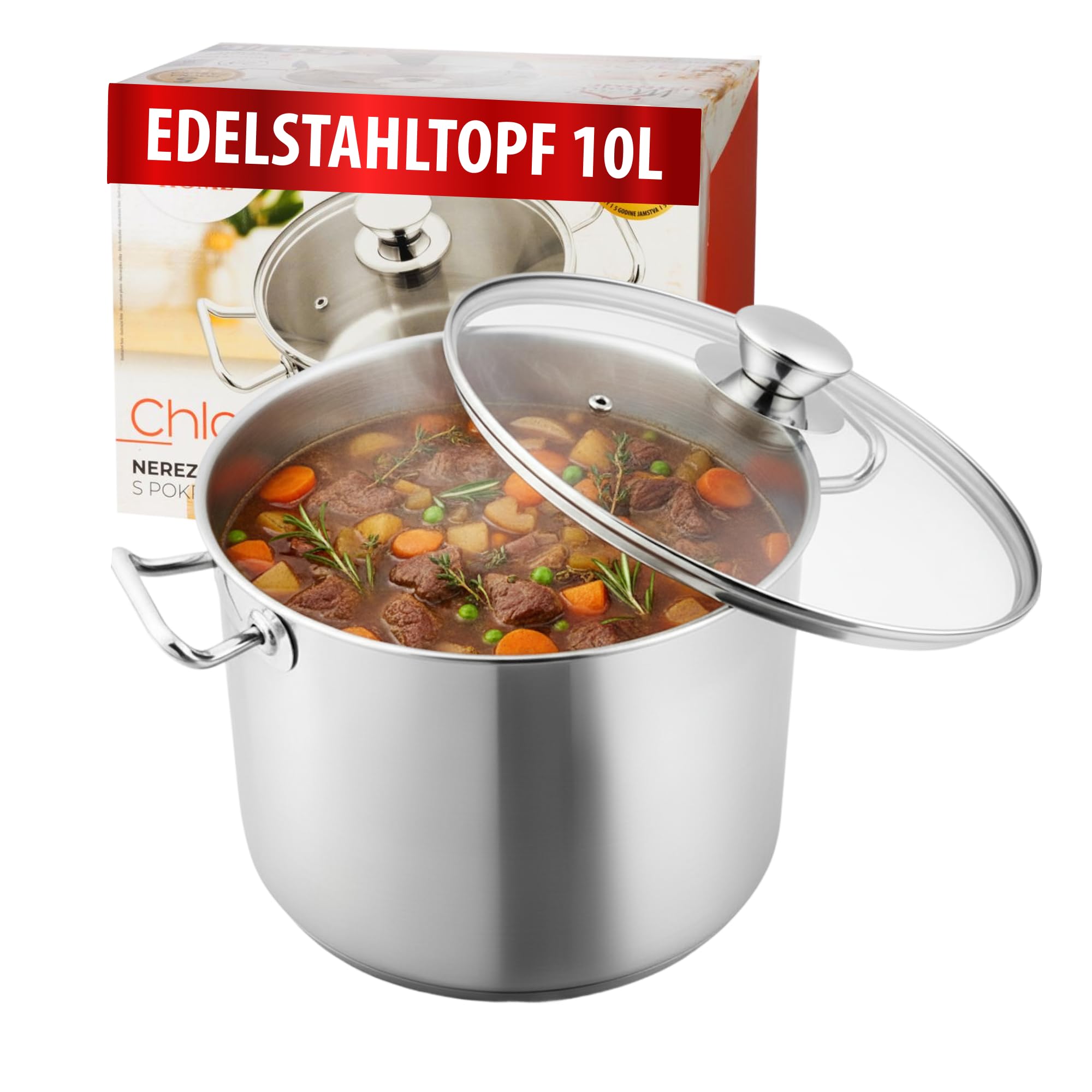 MAGIC HOME Edelstahl Kochtopf 30 cm 15 L mit Glasdeckel | INDUKTION | Großer Topf, Suppentopf, Deckel | 30cm | Hochwertiger Bratentopf | Alle Herdarten | Induktionstopf | Eintopf Gulasch | Tief |Chloe