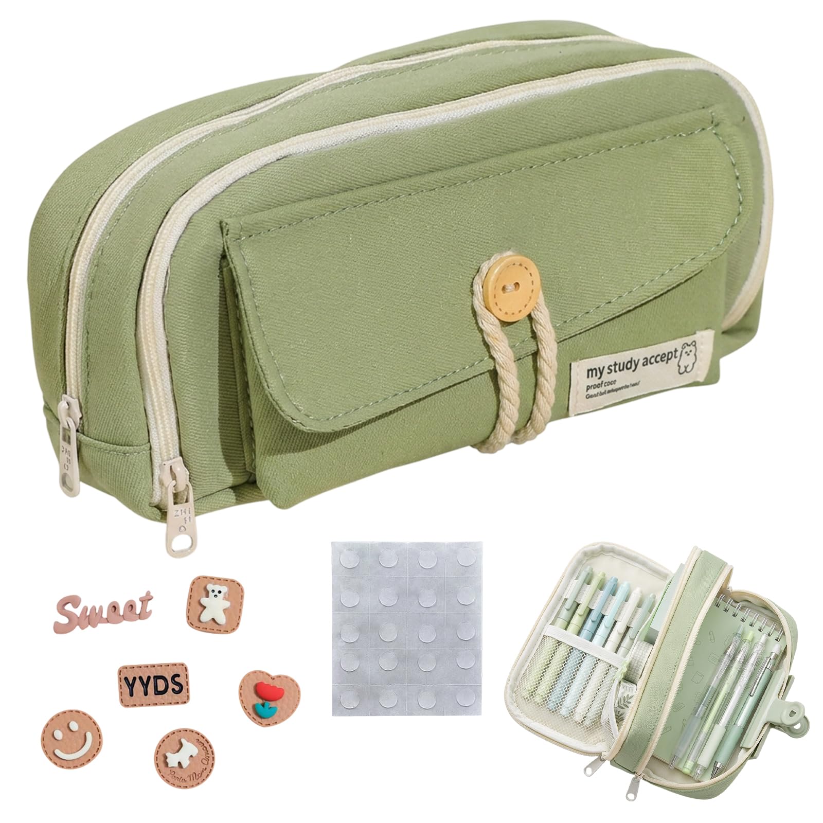 SrgPui Green Pencil Case, Pencil Case Cute with 4 Compartments, Large Storage for School Stationery, Travel Organization, Desk Decor Accessory for Teens and Adults