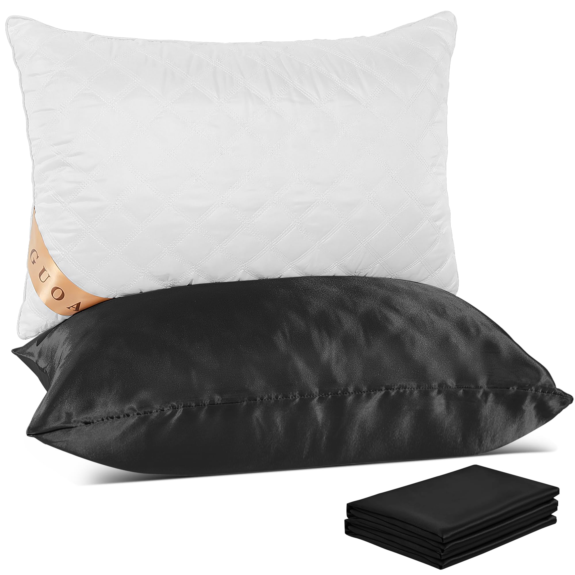 Photo 1 of Bed Pillows Include 2 Silk Pillowcases Queen King Size, Set of 2, Cooling Hotel Pillow Quality, for Back, Stomach or Side Sleepers (Queen, Black) Queen Black