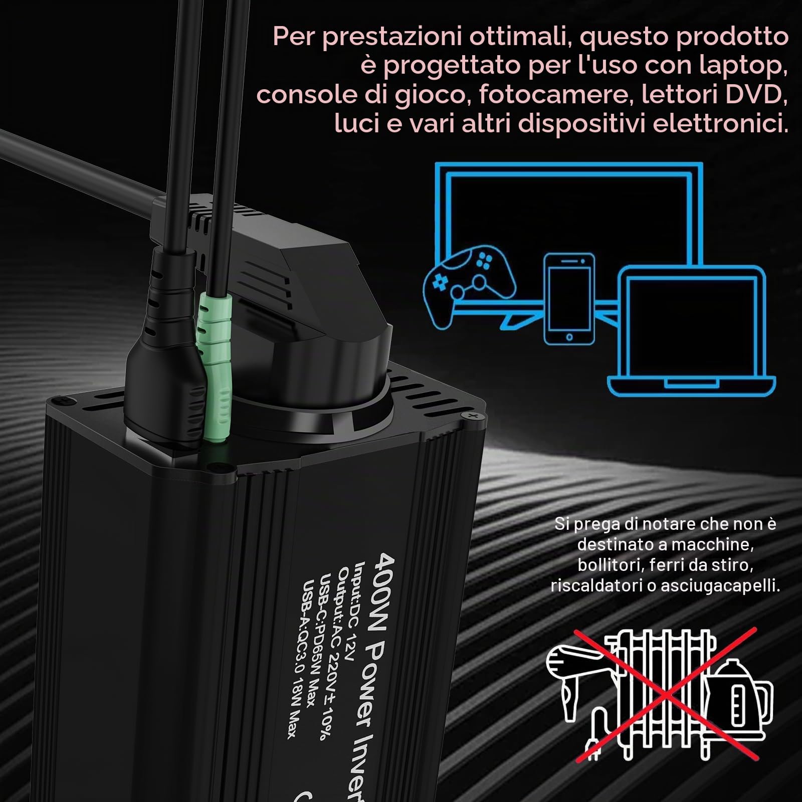 400w Invertitore Di Potenza Auto,Inverter 12 V 220 V Onda Pura, Premio Avec Allume Cigare,Con Pd65 W Usb-C, Qc3.0 Usb-A E 1 Presa, Supporto Per Ricarica Rapida E Con Interfaccia Per Accendini A Bordo