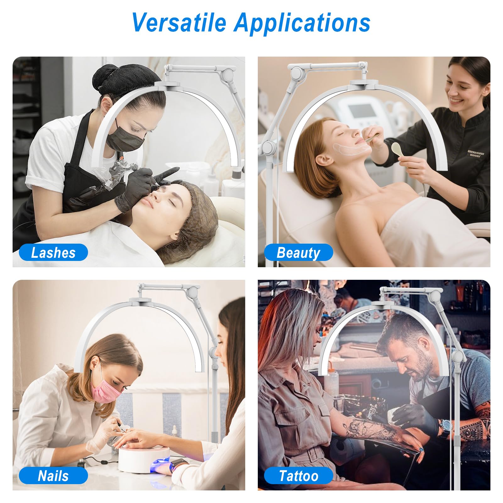 CGBE Lámpara Pestañas Media Luna de Pie: Lámpara Extensiones Pestañas con Soporte Teléfono - Base Rodante - Cabezal Giratorio 360° - Brillo y Altura Ajustables - para Pestañas/Cuidado de Piel/Tatuajes
