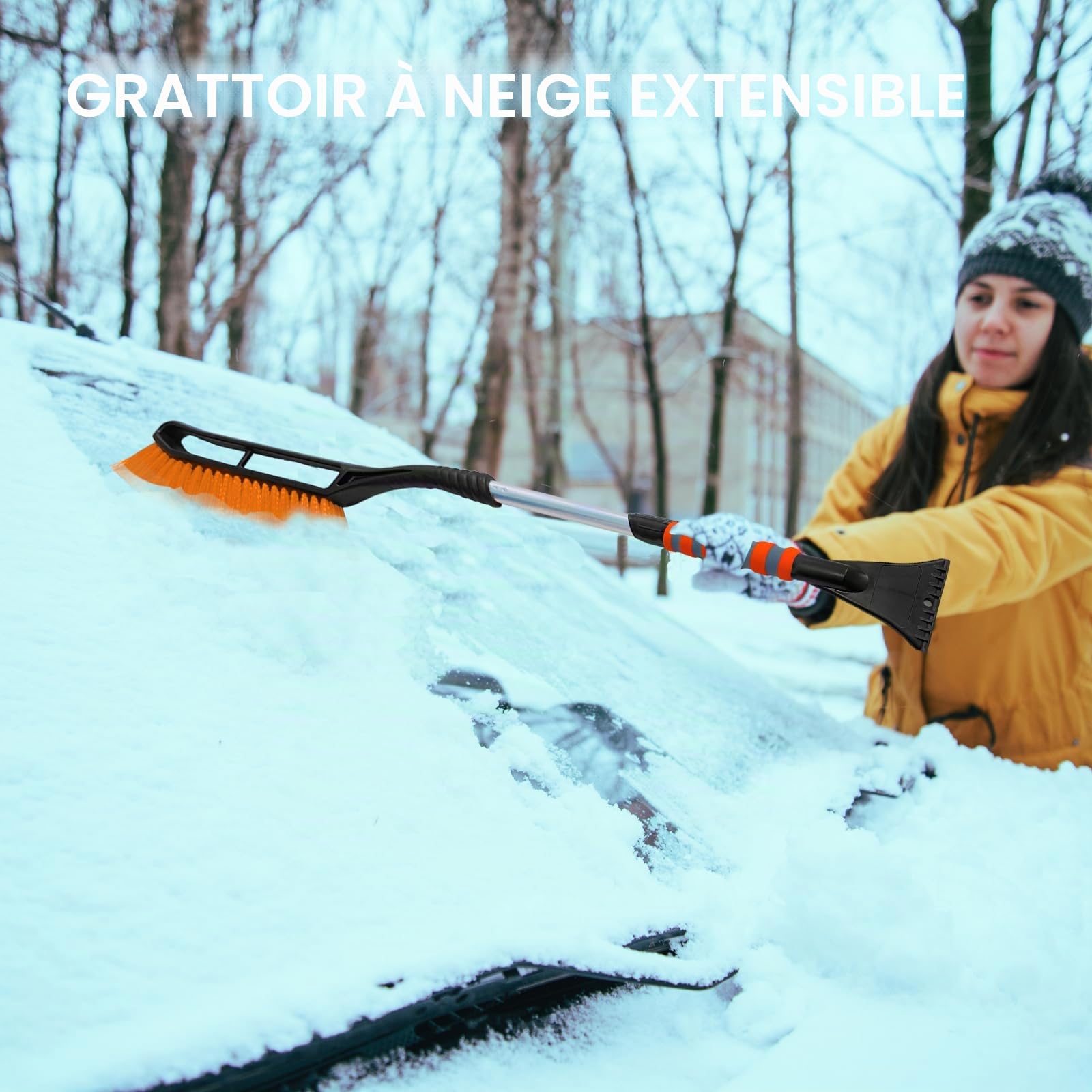 Grattoir Pare Brise Voiture Telescopique,2 en 1 Raclette Vitre Voiture Gratte Glace et Brosse à Neige avec Gant,Balai Neige Voiture,Dégivreur Pare Brise 78-93 cm (Orange)