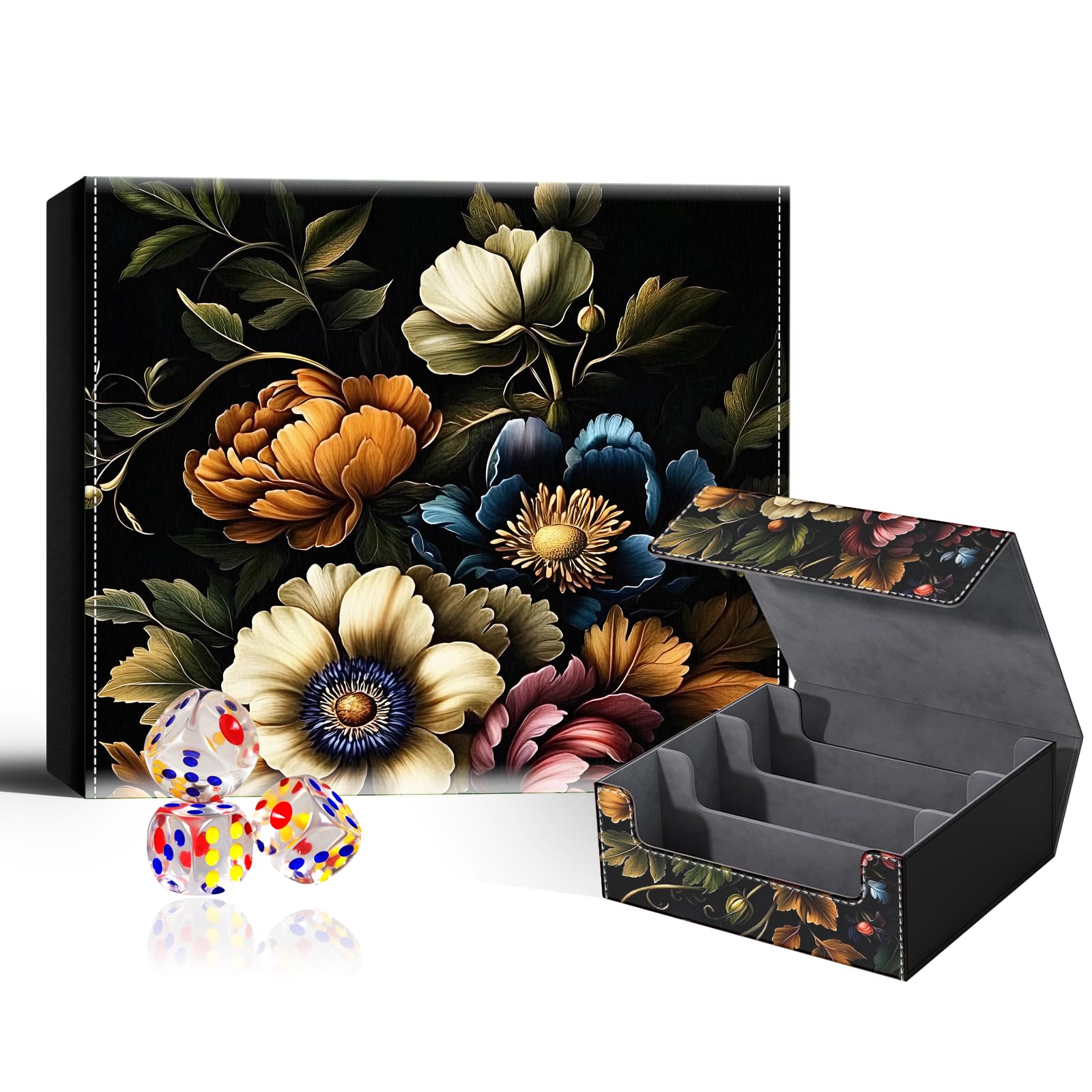 VOGDMKJG Trading Card Deck Box Fit 1800+ Single Sleeved Cards,PU Leather Magnetic Closure Card Storage Box With 3 Dice For MTG/TCG/PTCG/Magic/Sport Card Storage Case Large 3 ROW Design Peony Floral