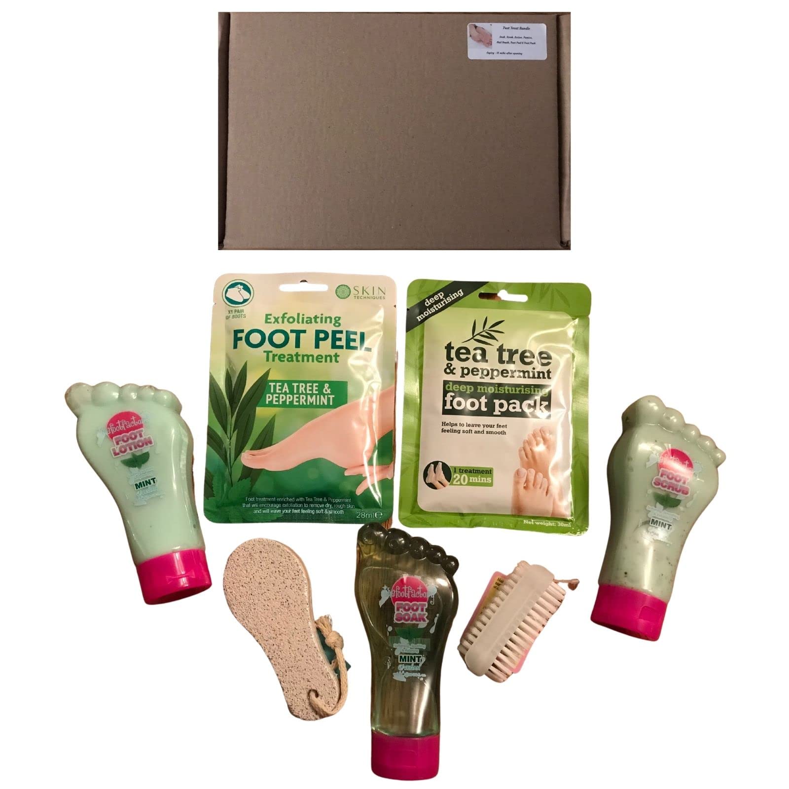 Feet Treat Bundle. Foot Scrub,Lotion and Soak, Exfoliating Boots, Moisturising Boots,Pumice Stone & Nail Brush. All you need for a Home Pedicure. Treat Yourself or arrives Boxed so can be Gifted.