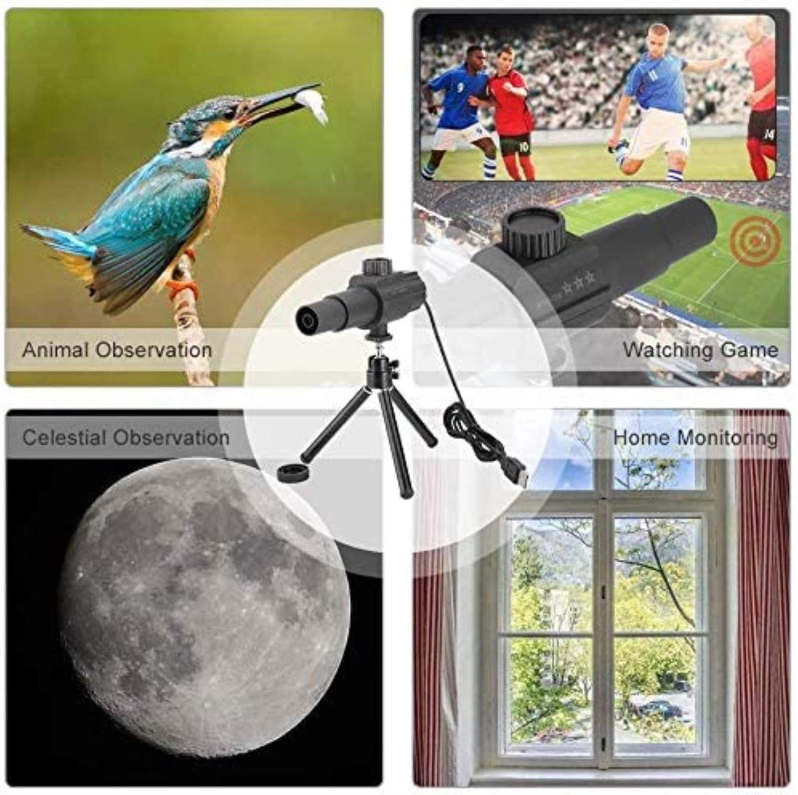 LYGXWJFC Monokulare für Erwachsene, Hochleistungs-Kamerateleskop, 2 Megapixel, 70-Fach Zoomobjektiv, intelligente Bewegungserkennung, USB-Digitalteleskop mit Stativ für