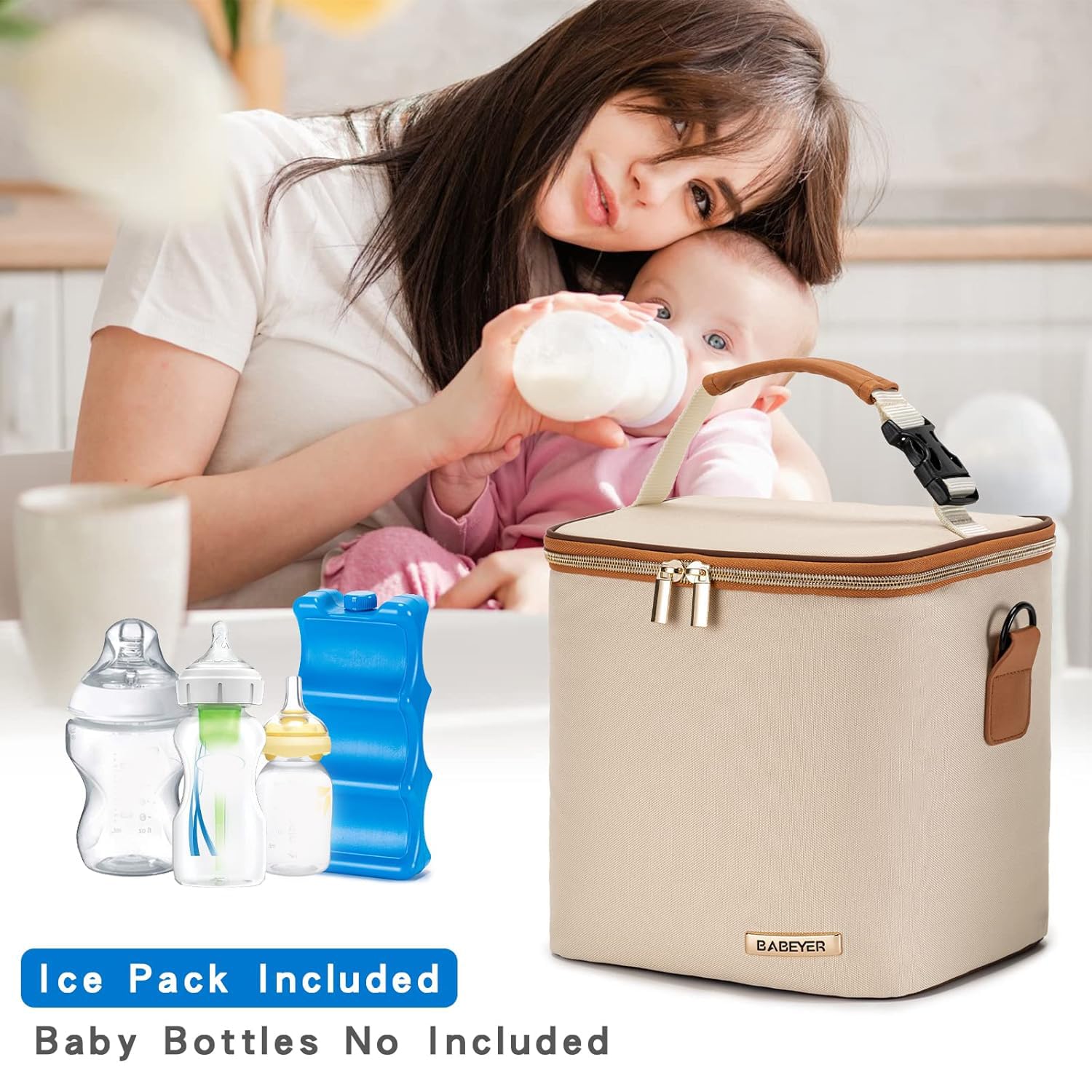 Breastmilk Cooler Bag with Ice Pack Fits 6 Baby Bottles Up to 9 Ounce, Baby Bottle Bag with Shoulder Strap for Nursing Mom Daycare, Cream - Image 6