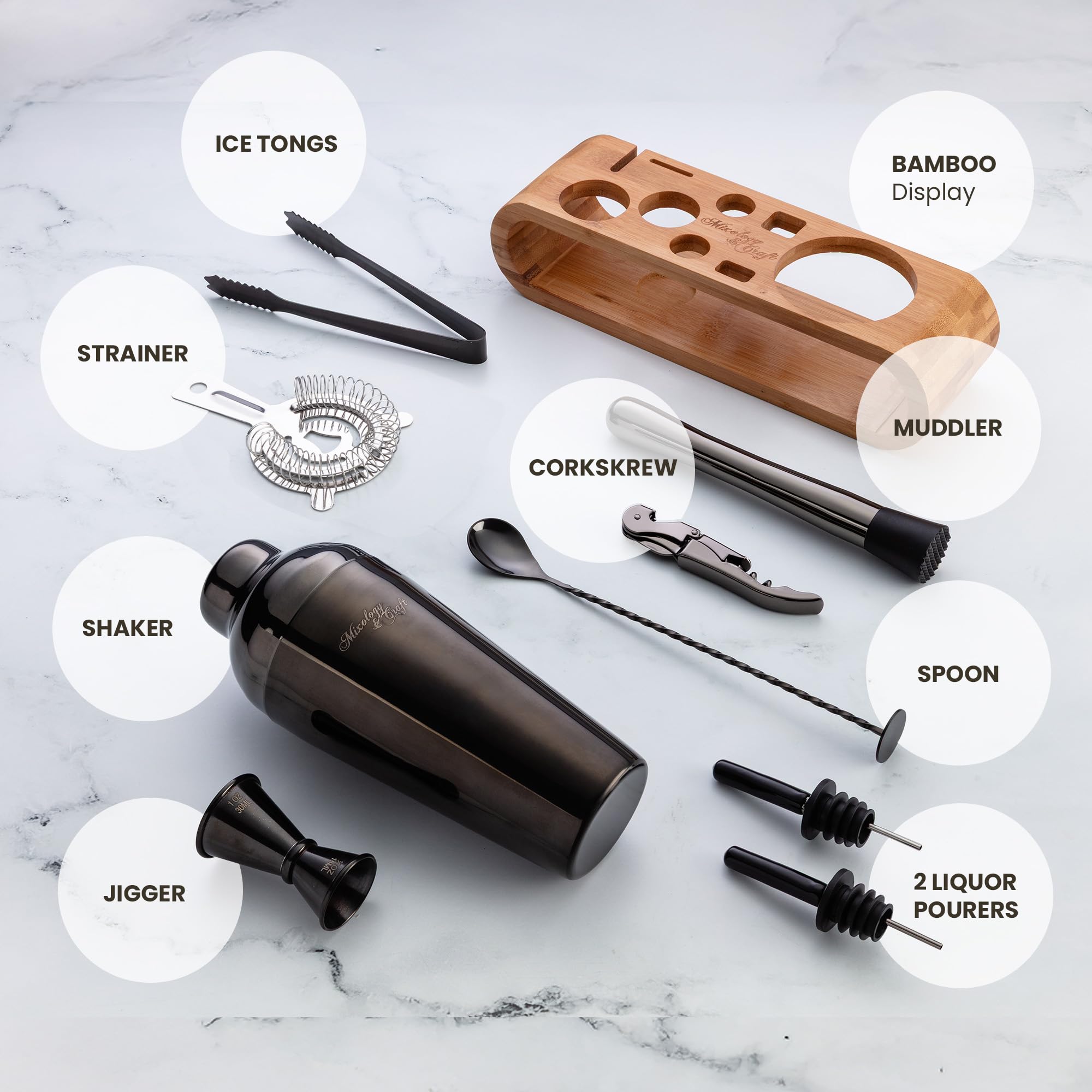 Kit de camarero: juego de herramientas de barra de 10 piezas con soporte de bambú | Kit de barman perfecto para el hogar y coctelera Martini Gran experiencia de mezcla de bebidas | 2