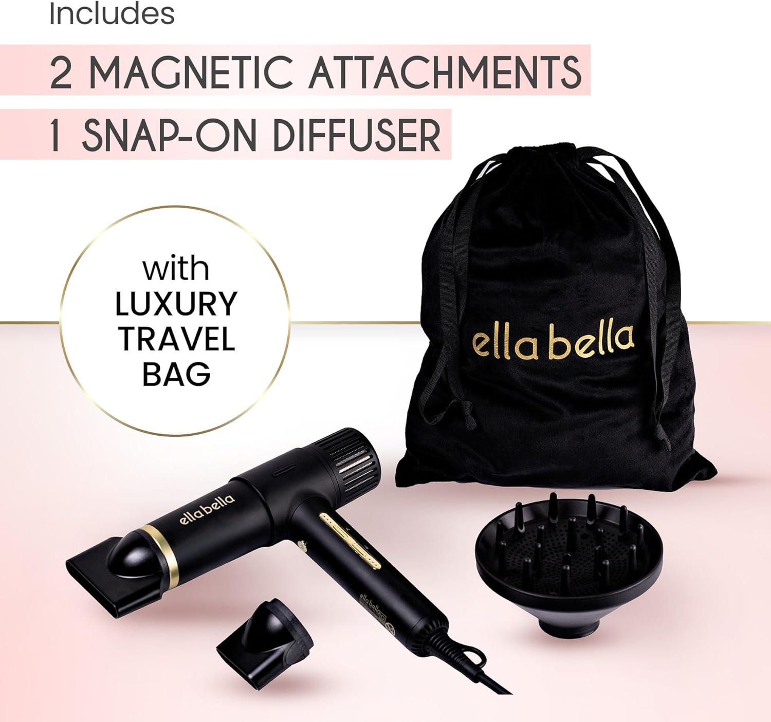 ELLA BELLA® Ionic Salon Hair Dryer with Diffuser • Negative Ion Blow Dryer • for All Hair Types • Intelligent Heat & Speed Control • Lightweight & Low-Noise Design • Rapid Drying & Precision Styling - Image 7