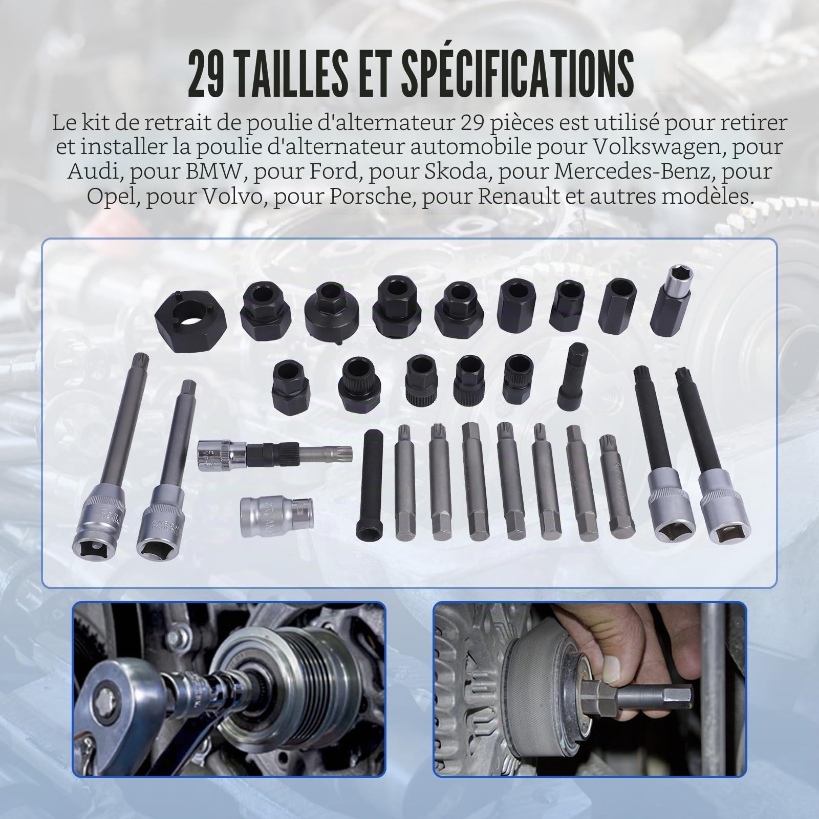 Kit Demontage Poulie Alternateur, 30 Pièces Outil Retrait de Poulie Alternateur Compatible avec VW, pour Peugeot, pour Renault et plus, pour Dépose et Installer Poulie Roue Libre | Acier au chrome vanadium avec mallette de transport, compatible avec alter