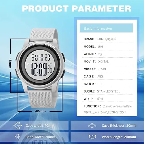 Miniatura 7 de SKMEI Reloj deportivo digital para hombre, ultrafino, grande, impermeable, con cronómetro, temporizador de cuenta regresiva, función de alarma, luz