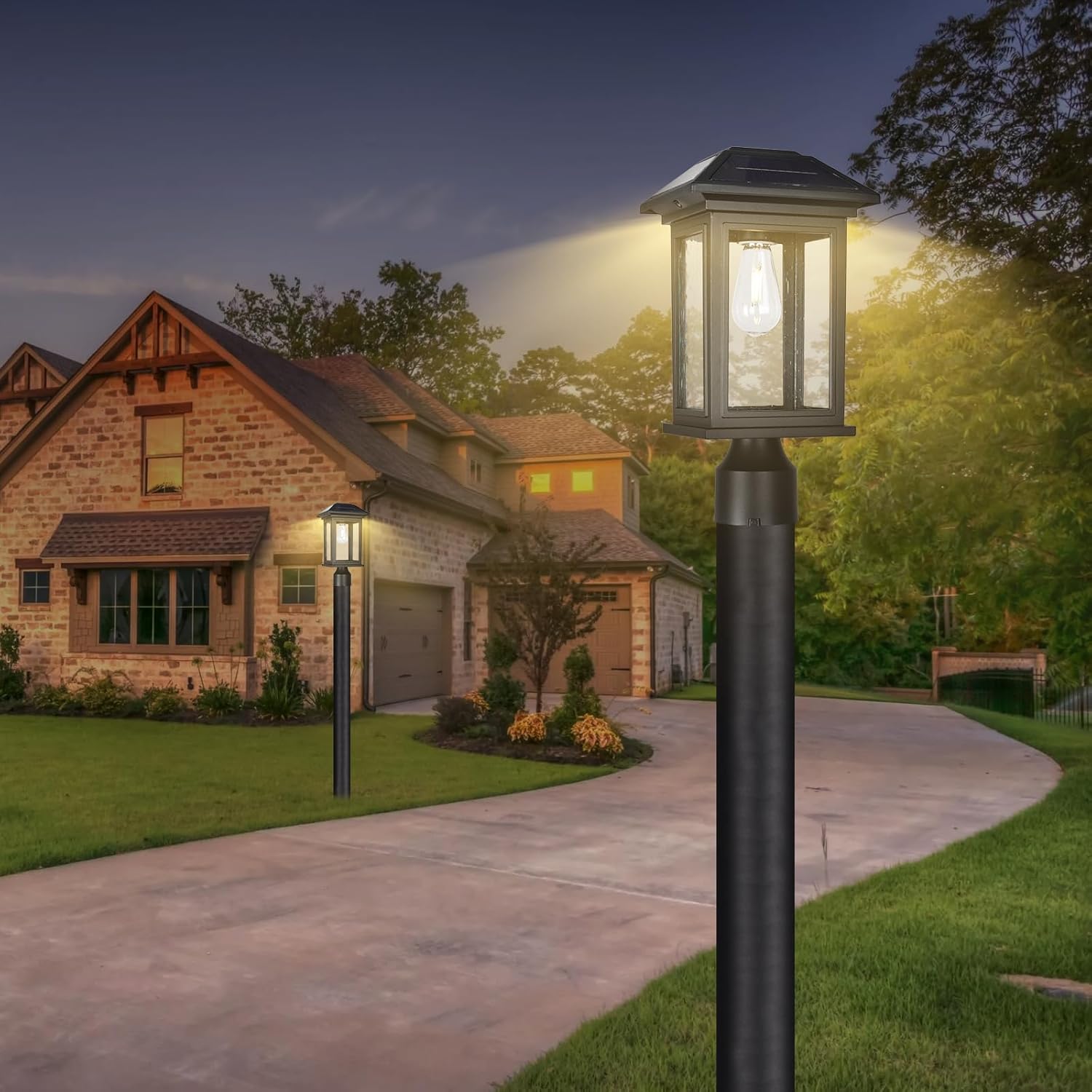 Solar Post Lights Outdoor, Waterproof Anti-Rust Black Pole Light Fixtures with Clear Glass, LED Solar Powered Lamp for Garden, Front Yard, Porch, Garage, and Patio (Bulb Included)
