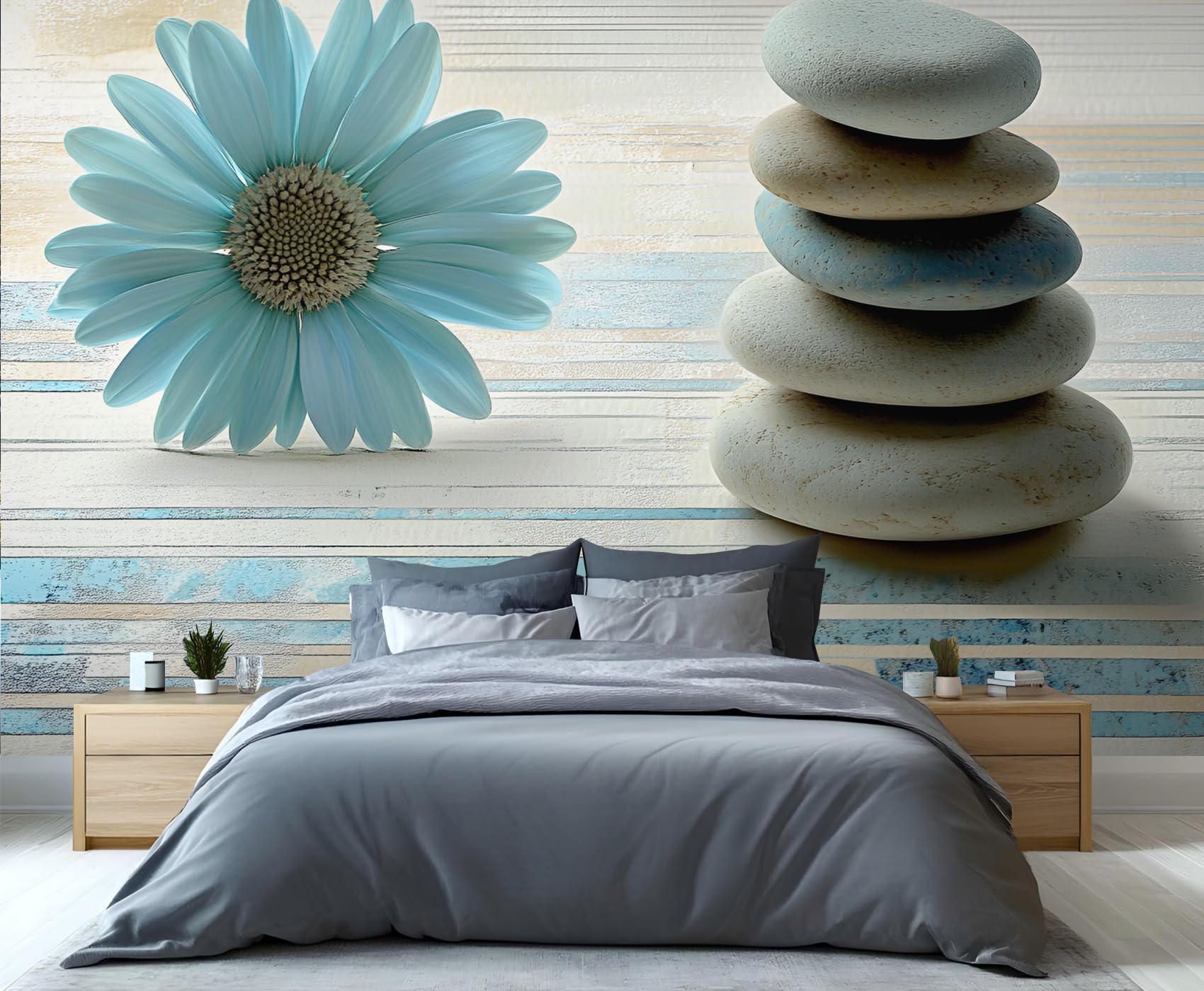 YXQAIED Dahlia Wallpaper, Retro Wood Wallpapers for Living Room, Not Self Adhesive Blue Flower Bedroom Wallpaper, Zen Stone Apartment Wall Murals & Room Decor, 390x260cm