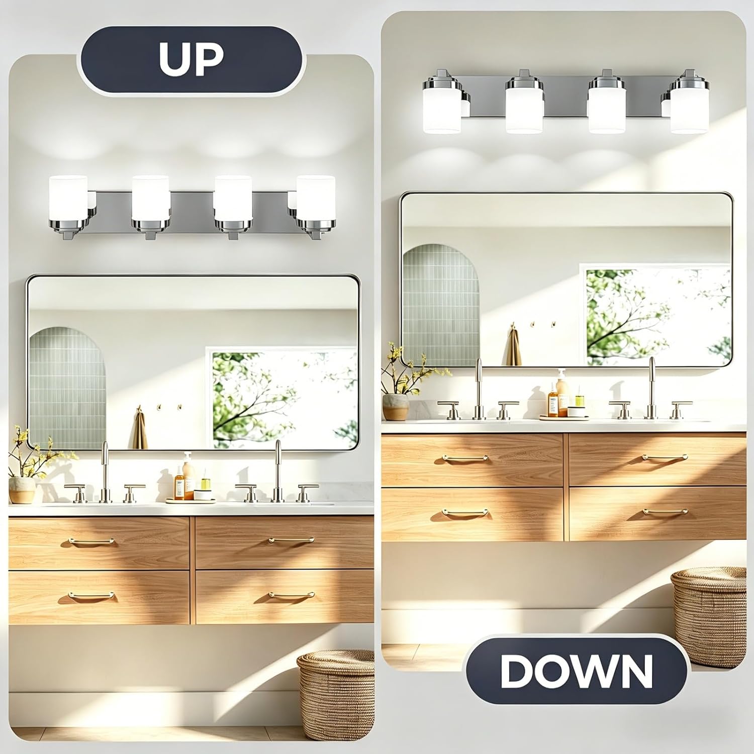 29 Inches Bathroom Vanity Light, 4-Light Chrome Bathroom Light Fixtures Over Mirror, Bathroom Light Shower Lamp with Milky White Square Glass Shade, Modern Farmhouse Lighting Fixtures
