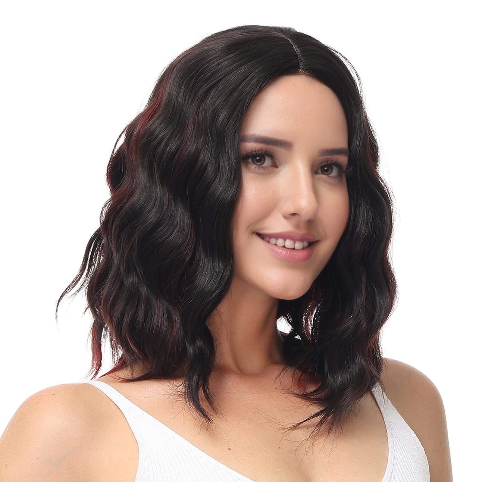 BUYOGET Medium Short Wig Wavy Bob Wig Realistic Natural Lace Front Scalp Adjustable Synthetic Shoulder Length Curly Wigs for Women Black Mix Red