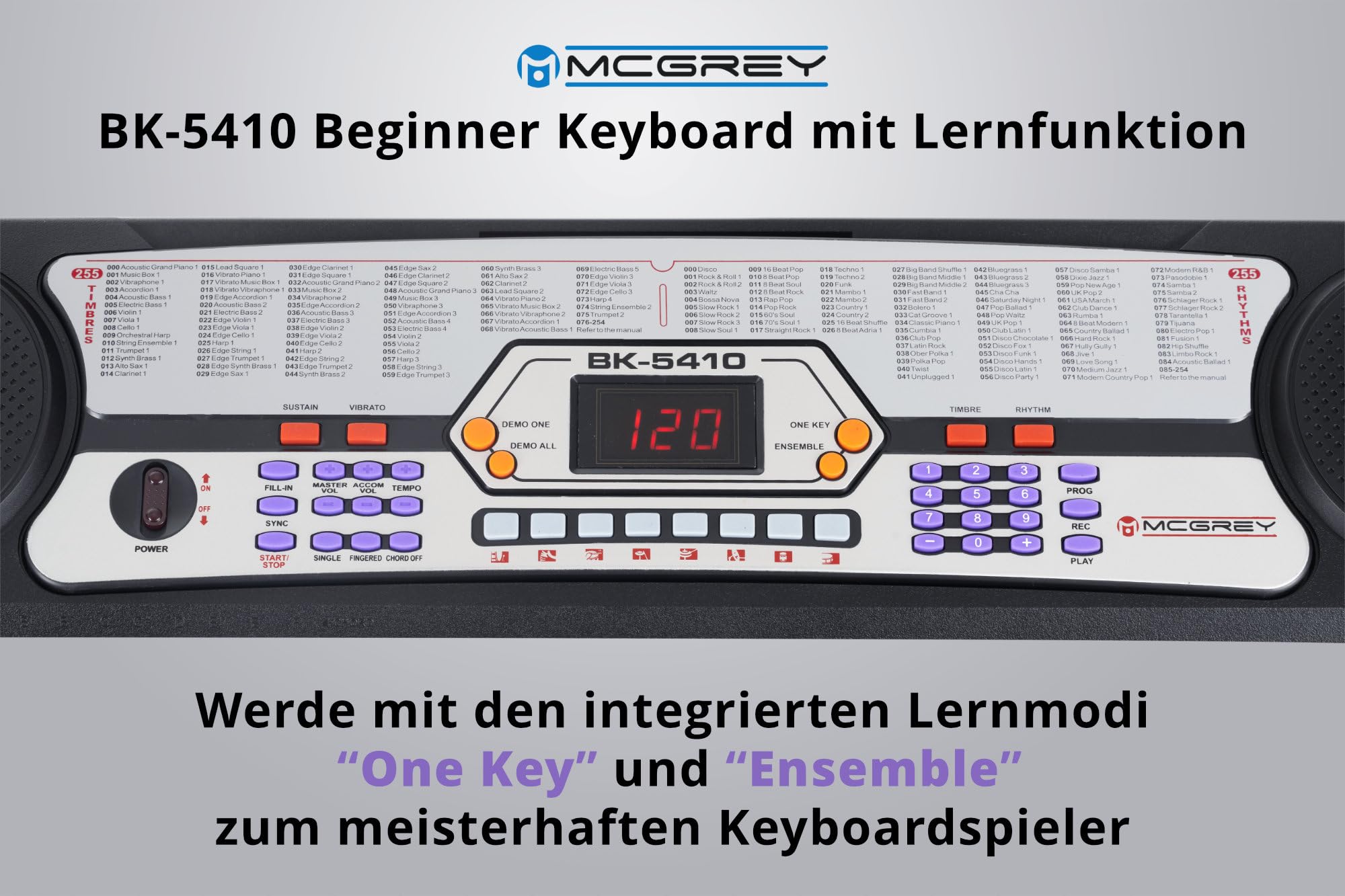 McGrey BK-5410 Teclado con 54 Teclas, Micrófono y Atril para Partituras | Teclado para principiantes con 54 teclas, Pantalla LED, 255 sonidos, 255 ritmos, 8 sonidos de percusión, 8 canciones demo