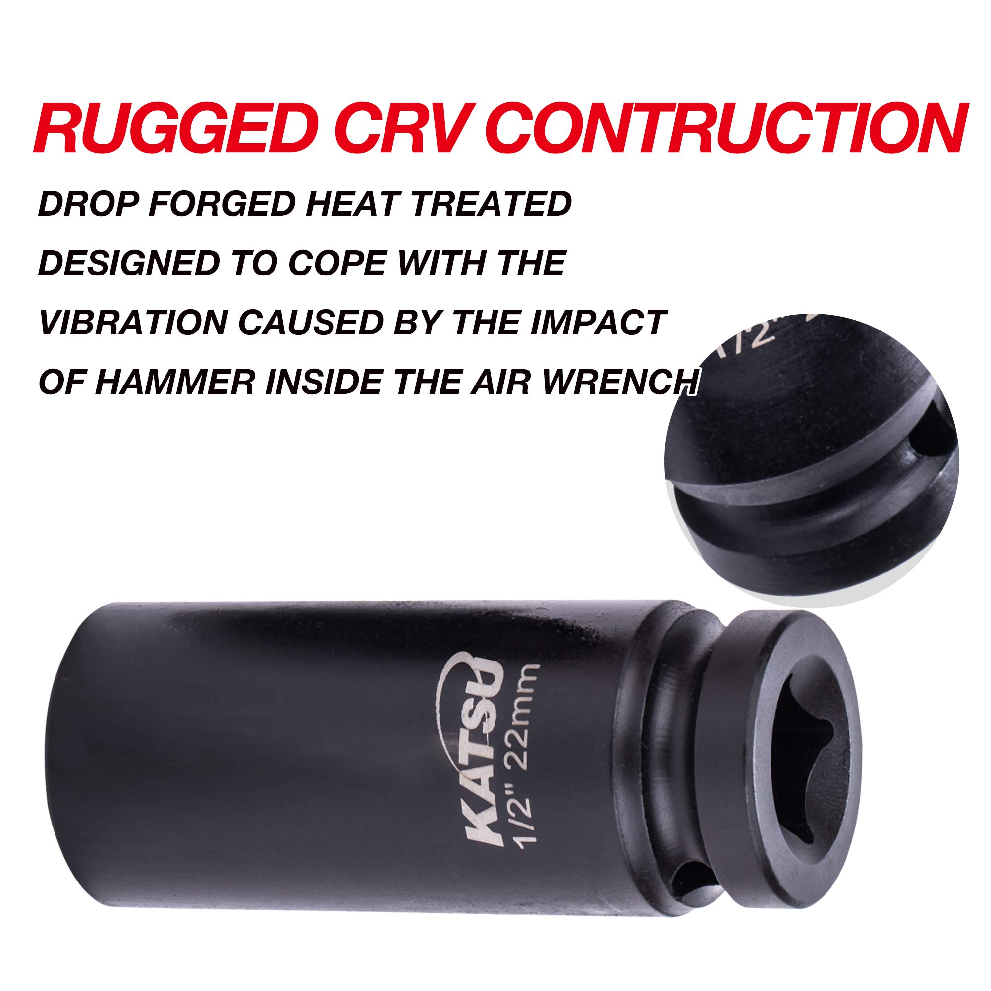 KATSU 1/2" Llaves de Vaso Impacto 16 Piezas, 10mm - 32mm Juego de Llaves de Vaso de Impacto Profundo Llave Métrica Resistente, Herramienta de Reparación Motores Camiones Tractores 420441
