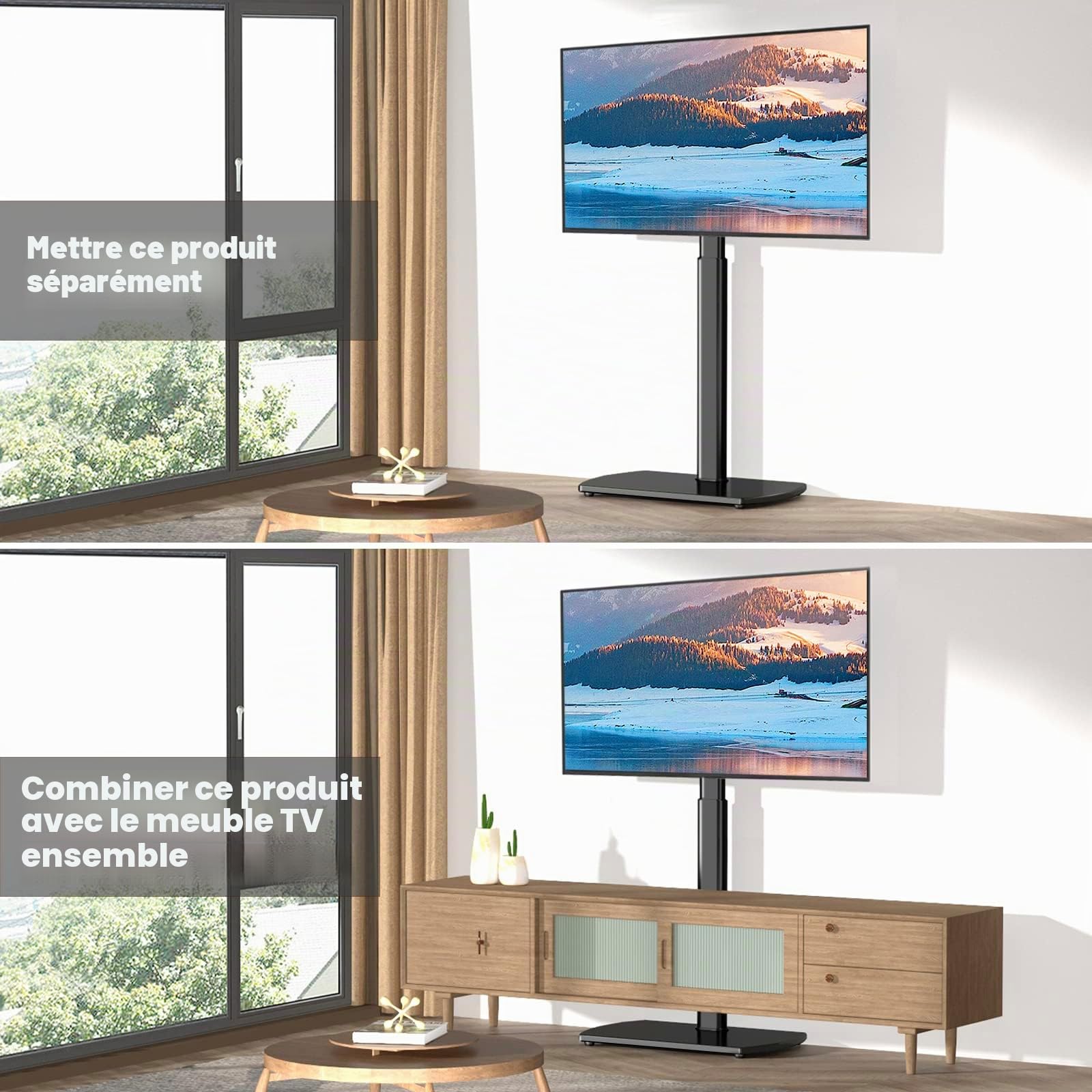 RFIVER Meuble Support TV sur Pied pour Téléviseur de 32 à 65 Pouce Ecran LED LCD Plasma Jusqu’ à 35kg Pied TV Pivotant à 60 Degrés Hauteur Réglable Gestion des Cables