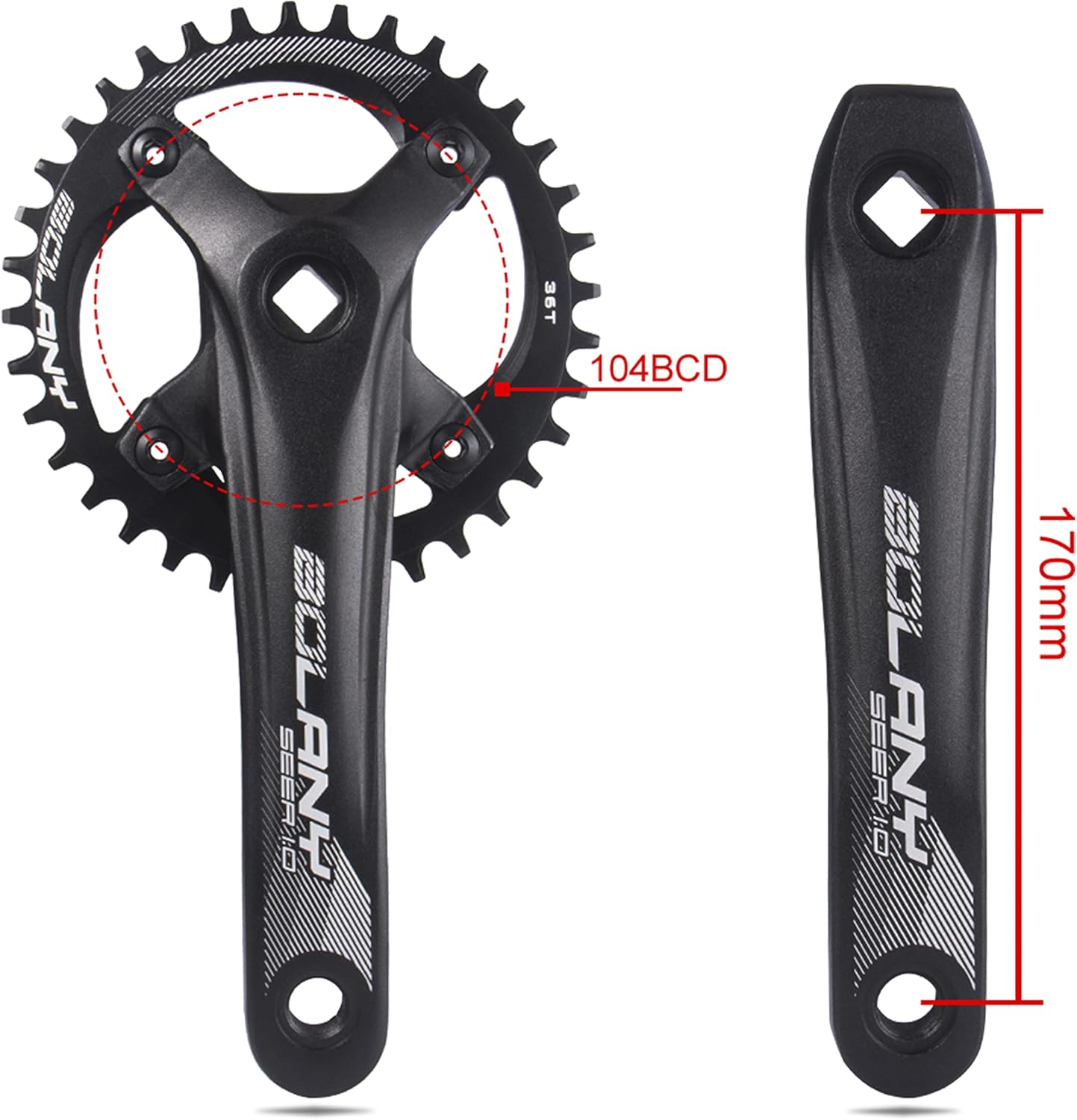 BOLANY MTB 170mm Square Taper Crankset 104BCD Narrow Wide Tooth Chainring with 32T/34T/36T /38T/40T/42T Mountain Bike Single Round Chainring and Crankset