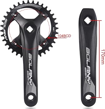 BOLANY MTB 170mm Square Taper Crankset 104BCD Narrow Wide Tooth Chainring with 32T/34T/36T /38T/40T/42T Mountain Bike Single Round Chainring and Crankset