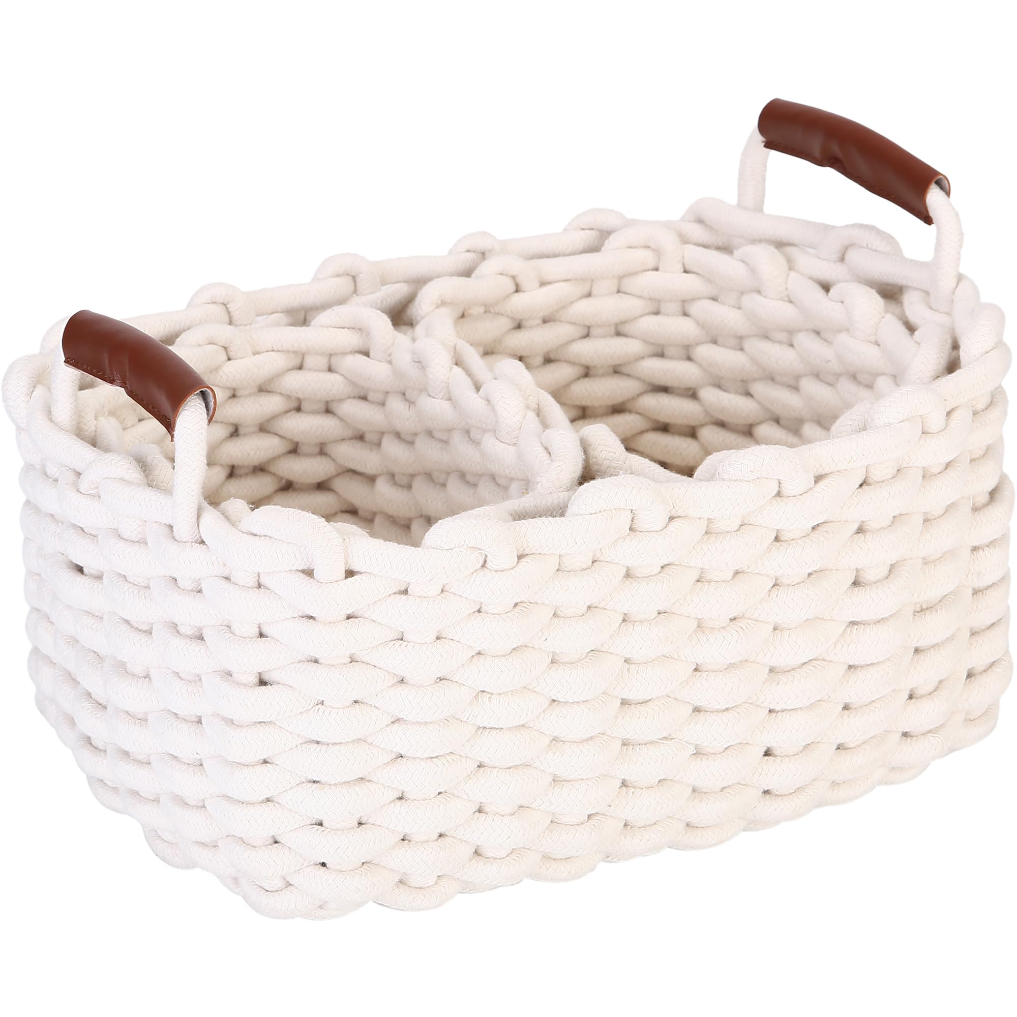 Paquete de 3 cestas de almacenamiento de cuerda de algodón tejidas rectangulares con asas, cesta de estante, organizadores de armario, 3 en 1, color blanco