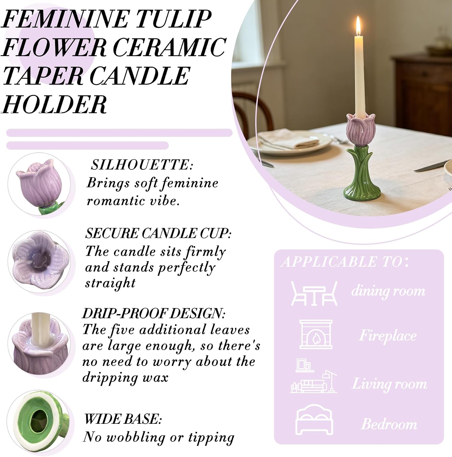 Feminine Handcrafted Tulip Ceramic Flower Candle Holder 5.7" Elegant Taper Candlestick for Table Décor Wedding Baby Shower Birthday & Valentine's Day (fit 0.8'' Candle) Purple-1Pcs image 5