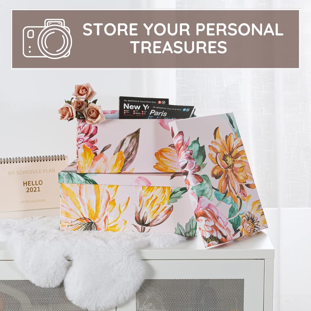 Soul & Lane Decorative Cardboard Storage Boxes with Lids for Home Decor and Organization, Set of 3 Large Keepsake Boxes for Memories & Gifts, Nesting Floral Photo Storage Containers, Beauty in Bloom
