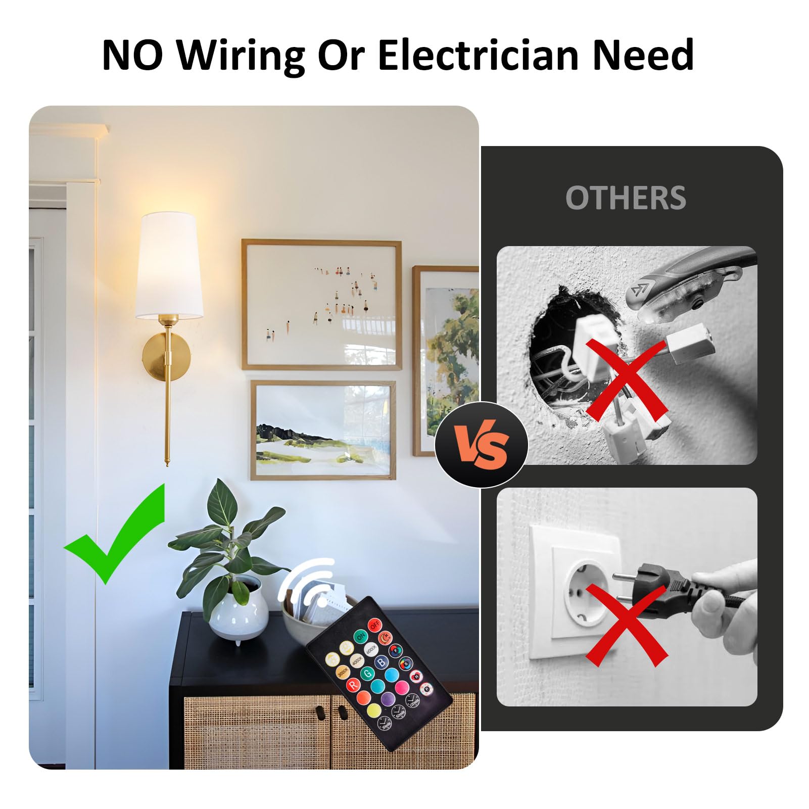 KUAUGST Battery Operated Wall Sconce Set of 2, Rechargeable Wall Lights, Multi-Color Detachable Rechargeable Bulbs, for Bedroom Living Room Hallway