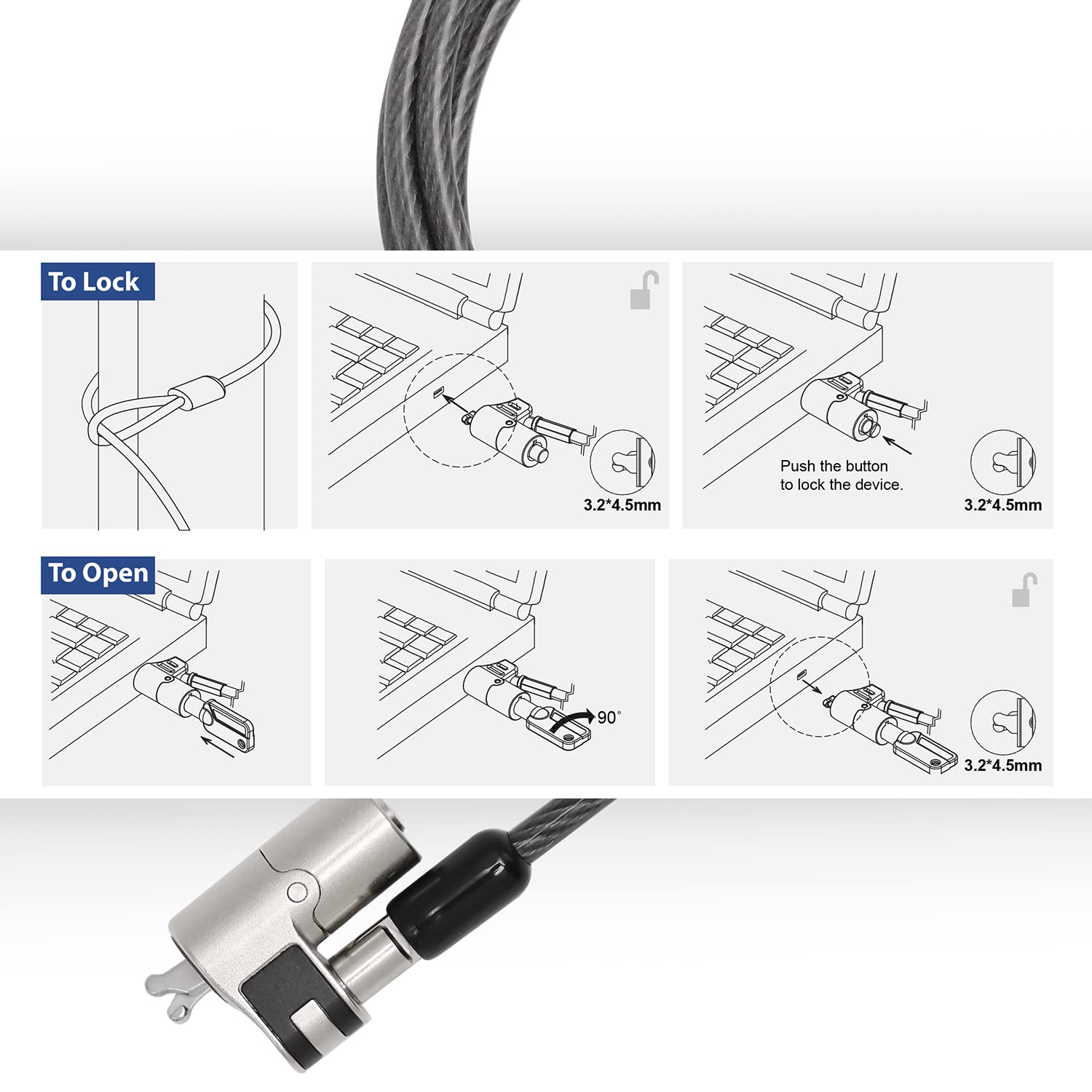 Act Cable de Seguridad para portátil (2 m, con Llave, Ranura para cuña, Cabezal de Bloqueo Giratorio, candado para portátil DELL, Cable antirrobo portátil, AC9040)