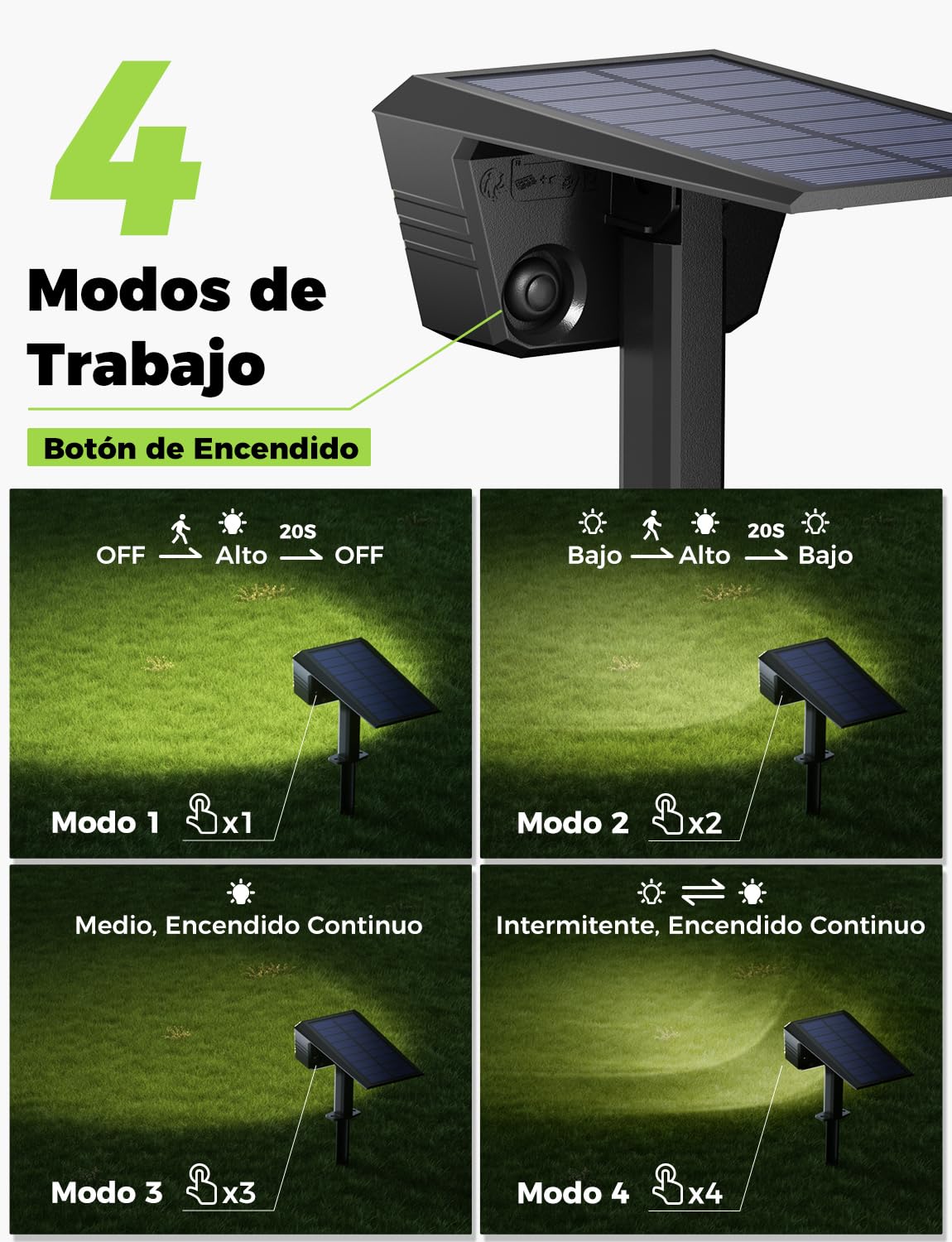 Luces Solares LED Exterior con Sensor de Movimiento, 4 Modos de Trabajo, IP67, Instalación en Pared o Suelo Foco Solar Exterior para Jardín, Patio y Garaje - 4 Piezas (Blanco Cálido)