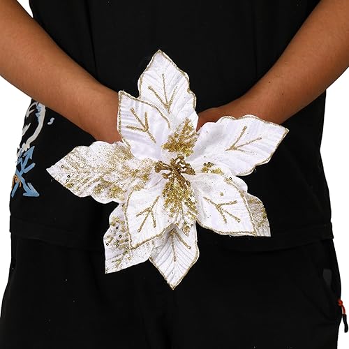 Miniatura 5 de GL-Turelifes Flores de Navidad grandes con purpurina de 10.7 pulgadas, 6 piezas de flores de pascua artificiales, adornos plegables para decoración