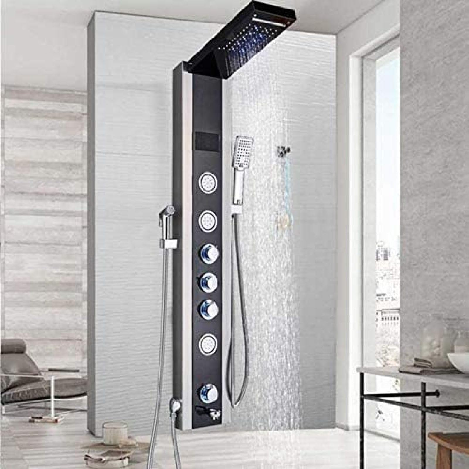 Panneau de douche LED multifonction avec mitigeur thermostatique et jet bidet
