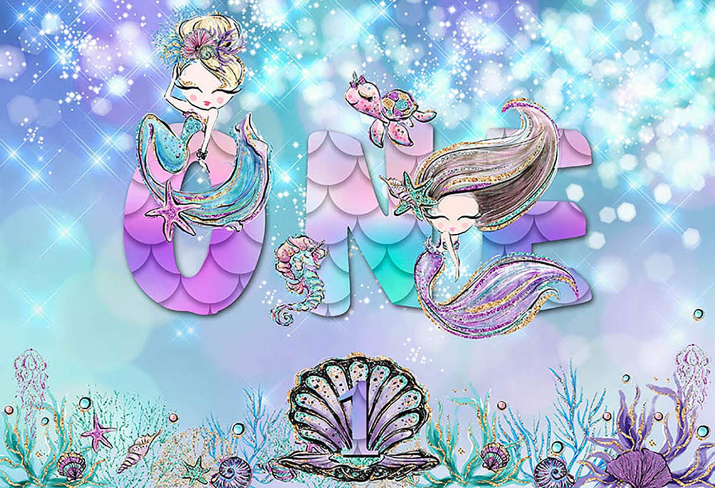 MEHOFOND Mermaid 1st Birthday Backdrop Party Decorations for Girl Princess Under Sea Purple Pink Teal Sparkle Glitter Pearl Photography Background Banner Cake Table Photo Studio Props Vinyl 7x5ft