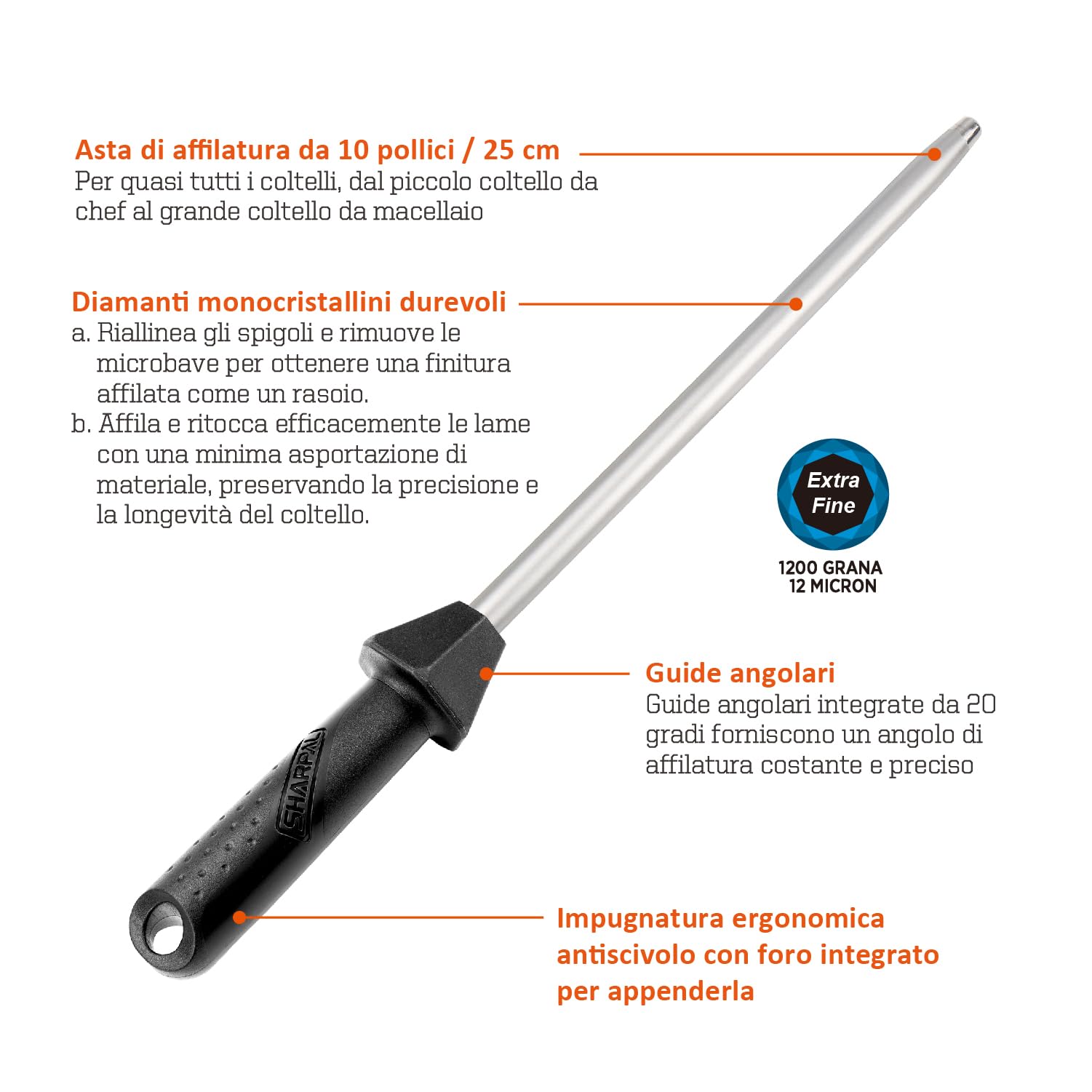 SHARPAL 119N 25cm barra di affilatura per coltelli diamantata, acciaio per levigatura (rivestimento diamantato)