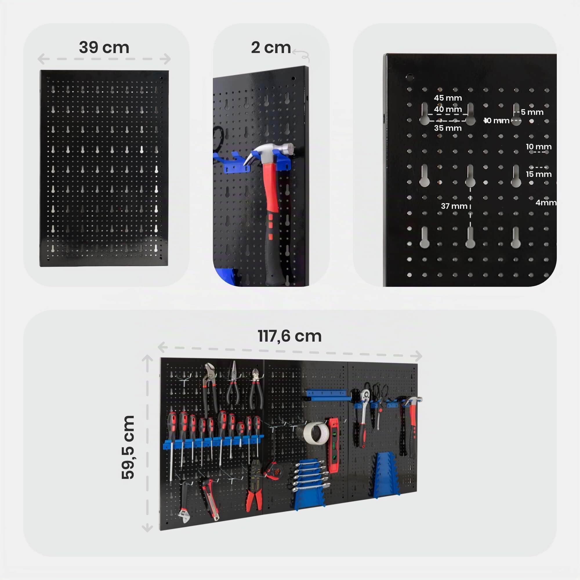 Arebos Parete degli attrezzi, 3 pezzi, parete forata per officina, set di ganci e supporti da 17 pezzi, 117,6 x 59,5 x 2 cm, parete forata per utensili in metallo per installazione con materiale di