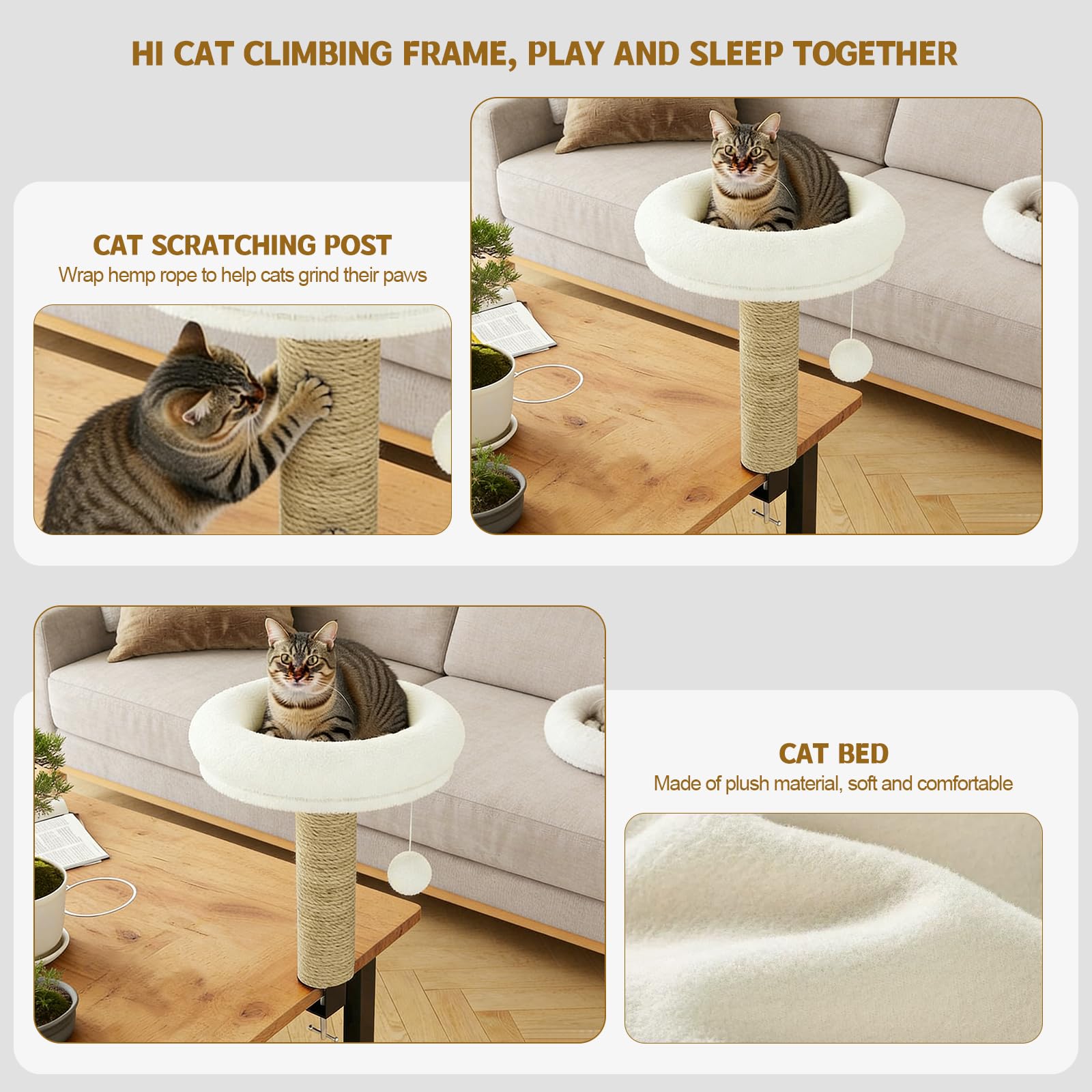 Katze Bett für Dest, Katzes Schreibtisch Bett mit Scritching Post, Platzsparende Katze Möbel, Perch und Hängematte mit Spielball, waschbares Kissen für Heim und Büro Schreibtisch (weiß)