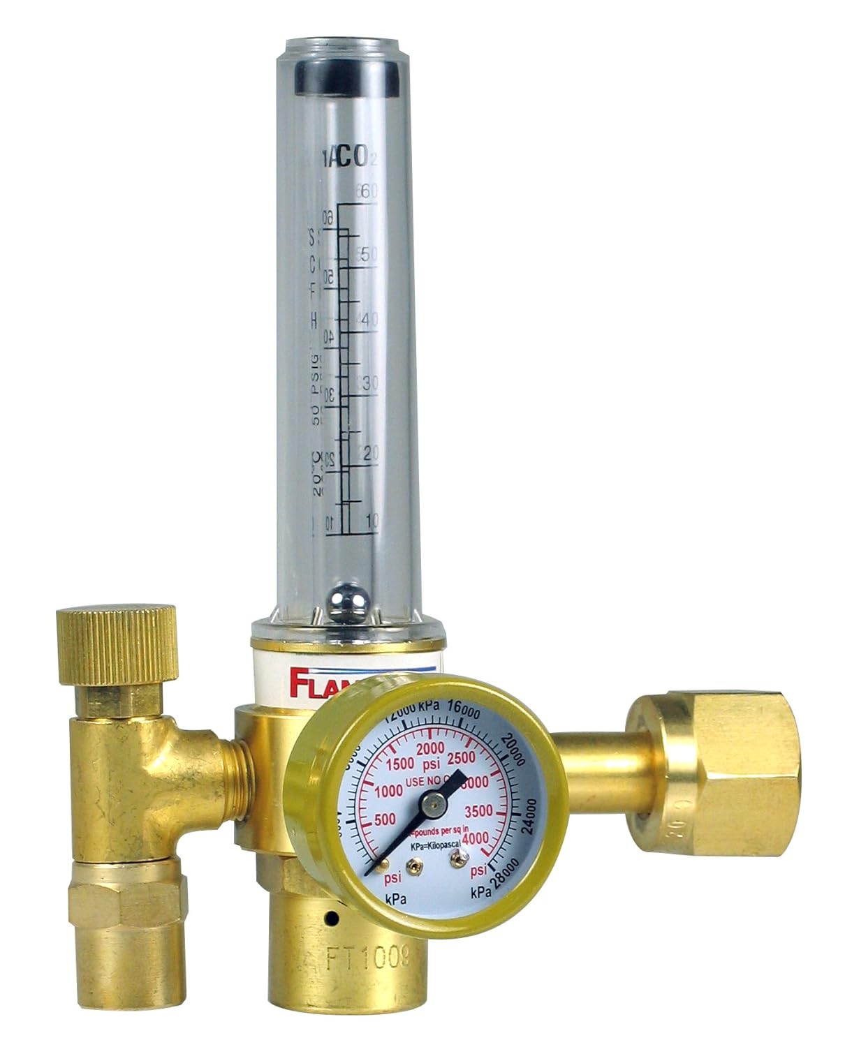 Flame Tech Flowmeter with Carbon Dioxide Regulator, for MIG and TIG Applications, Regulator and Flowmeter in One Unit, Lightweight, Dual Scale Gauge, Box Packaging, Tested in the USA