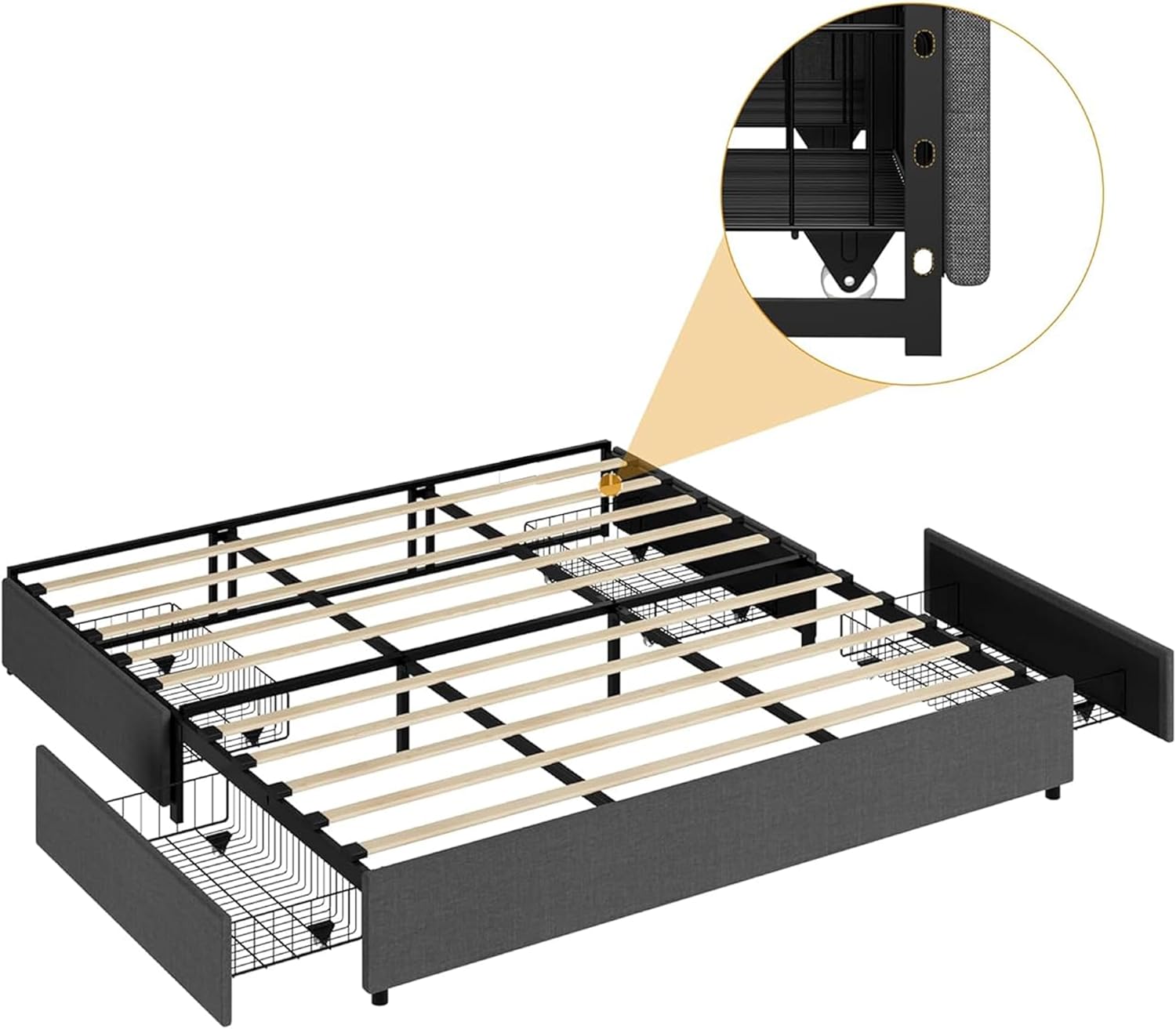 IDEALHOUSE Upholstered Platform Bed Frame Queen Size with 4 Storage Drawers, Queen Platform Bed Frame with Mattress Foundation Strong Wooden Slats Support, Queen Size Bed Frame No Box Spring Needed