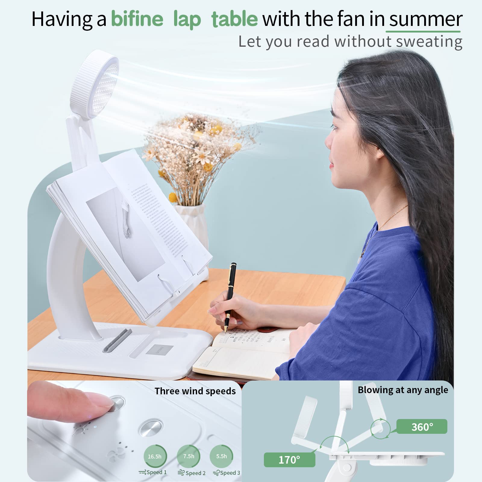 bifine Lap Table for Kids with Book Light and Fan, Laptop Desk for Lap, Adjustable Angles Book Stand for Reading in Bed, Sofa, Floor, Desk, Suitable for Laptop Tablet Kindle Phone