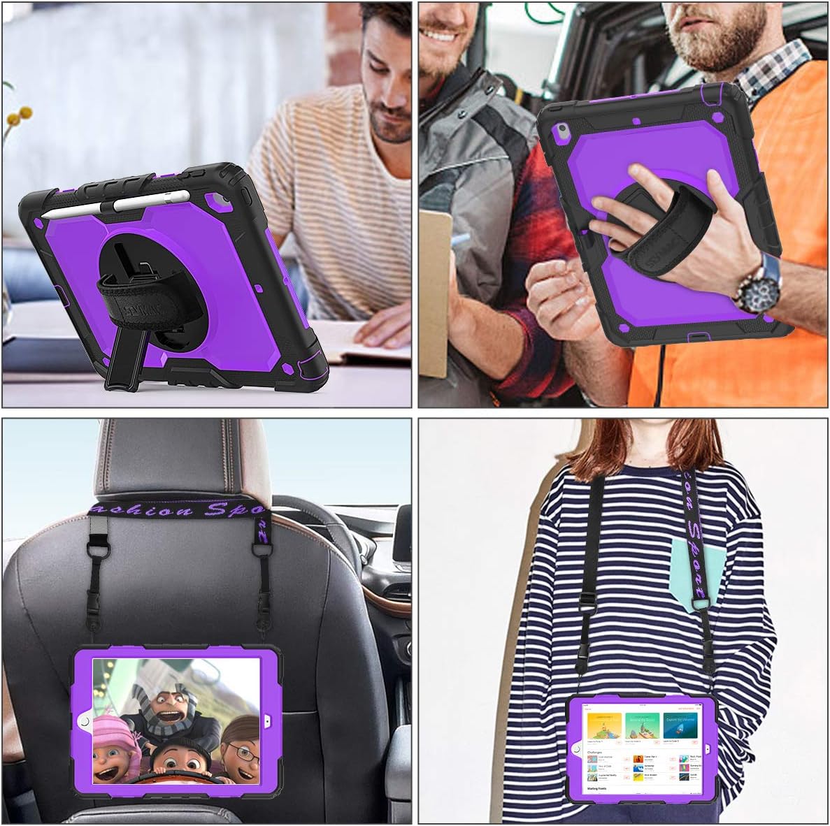 SEYMAC stock Case for iPad 9th/ 8th/ 7th Generation 10.2'', Shockproof with Screen Protector, Pencil Holder [360° Rotating Hand Strap] & Stand, for iPad 10.2 inch 2021-2019 (Purple+Black)