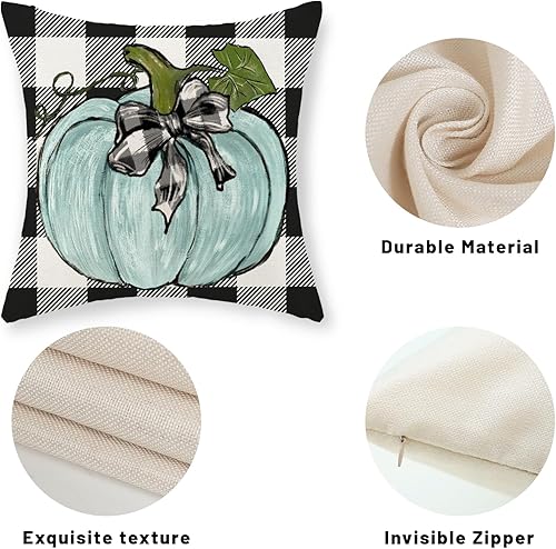 Miniatura 187 de Juego de 2 fundas de almohada de otoño de 18 x 18 pulgadas, hojas de arce de calabaza y búfalo a cuadros, decoración de otoño, de lino, Acción