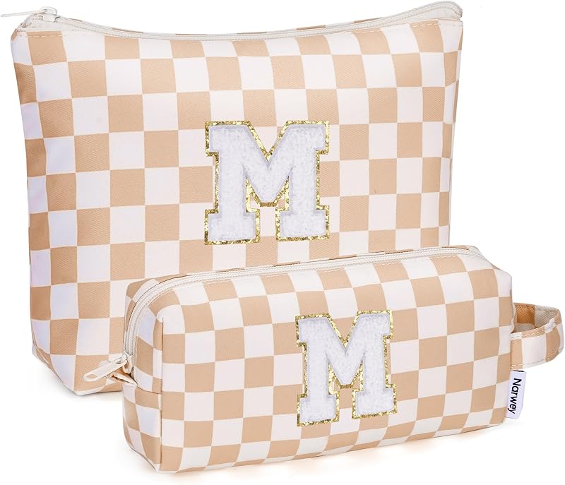 Narwey Necessaire de maquiagem com inicial, estampa xadrez ZZ-Light Checkerboard, pacote com 2