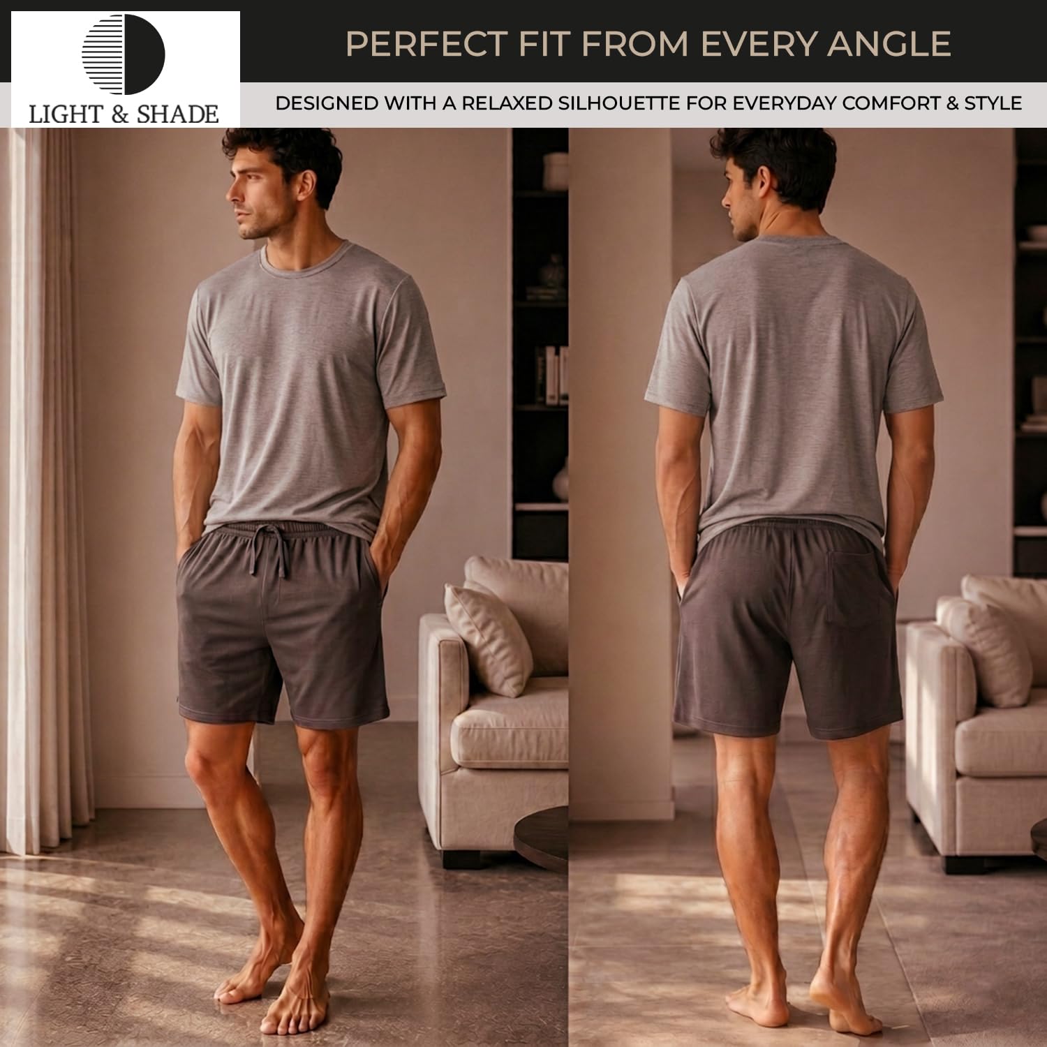 Light & Shade Conjunto Hombre Algodón Loungewear – Pijama con Camiseta y Pantalón Corto, Ropa Dormir Ligera Transpirable con Cordón Verano