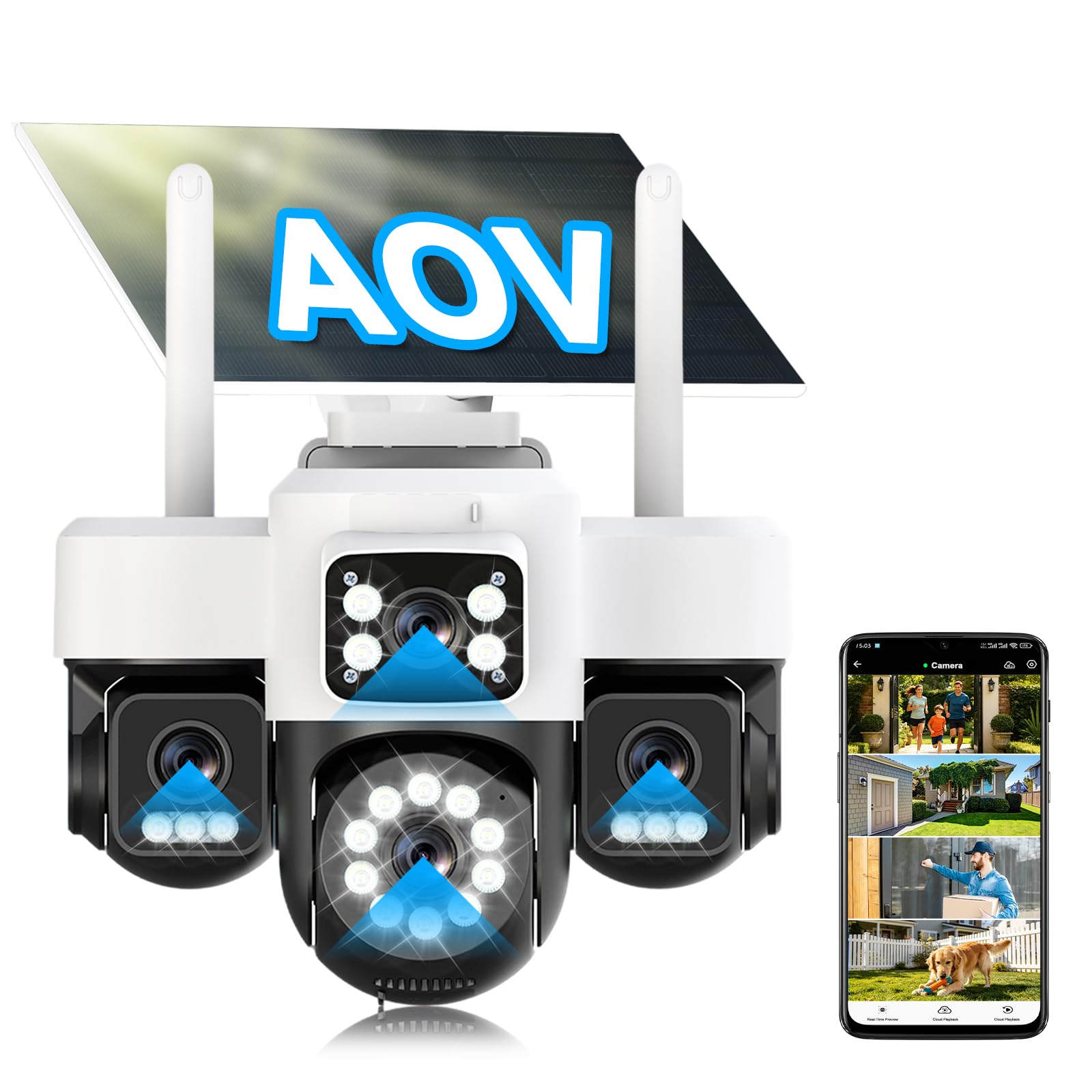 12MP Camera Surveillance WiFi Exterieure sans Fil,AOV 24/7,Quatre objectifs/Camera Solaire/Batterie,Suivi Automatique,360° PTZ,Vision Vocturne,Audio Bidirectionnel,PIR Sirène,étanche,2.4/5G WIFI,IP66