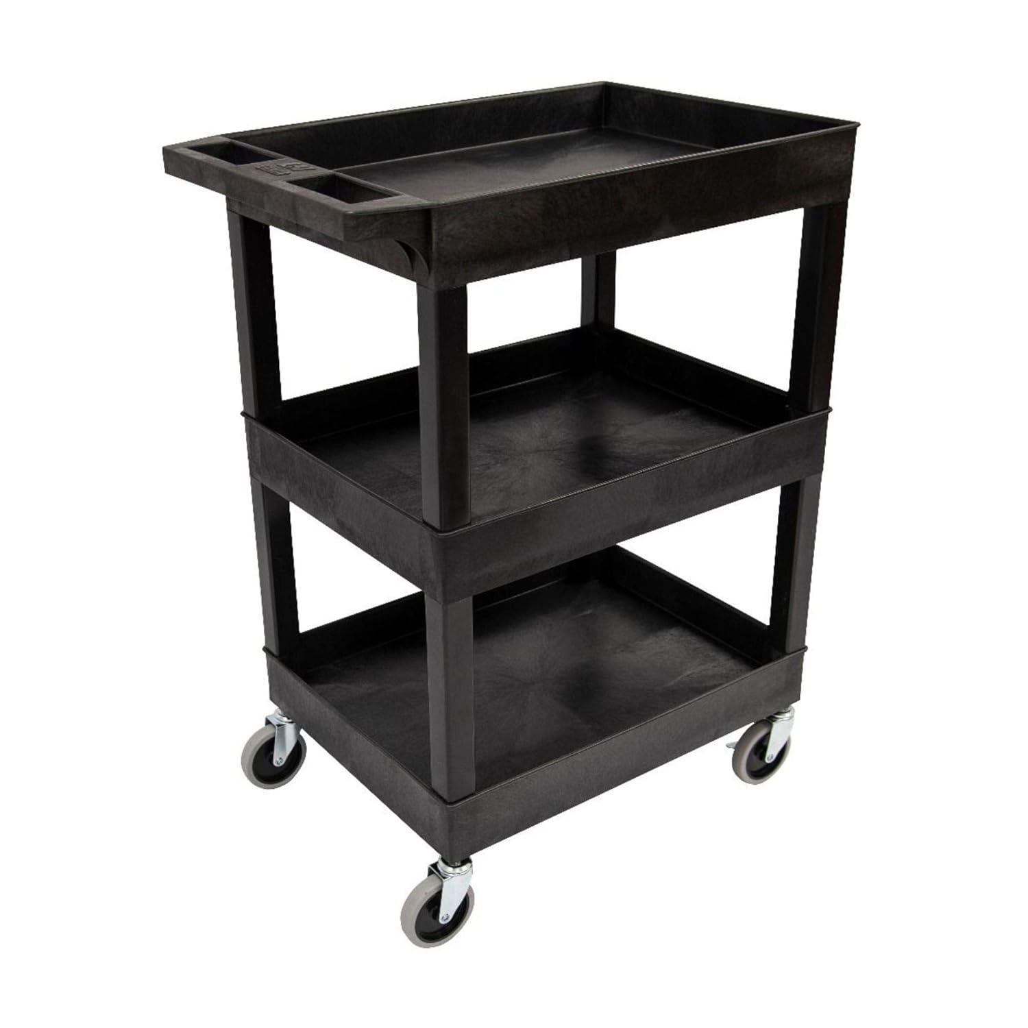 LUXOR SEC111-B-OUTRIG 24" x 18" Plastic Utility Tub Cart - Three Shelves with Outrigger Utility Cart Bins