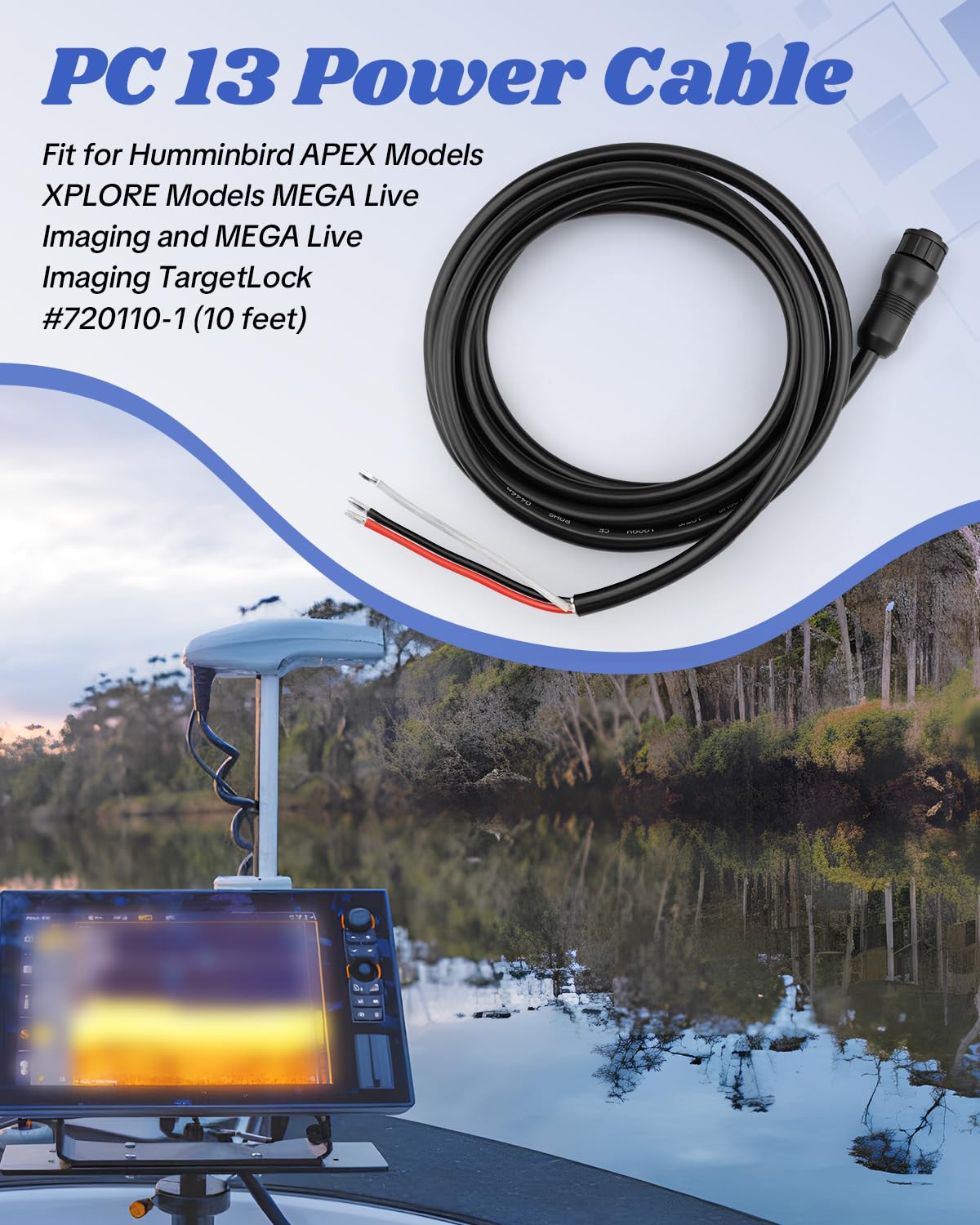 Cable de alimentación PC 13 apto para modelos Humminbird APEX/modelos XPLORE/MEGA Live Imaging/MEGA Live Imaging TargetLock de 10 pies